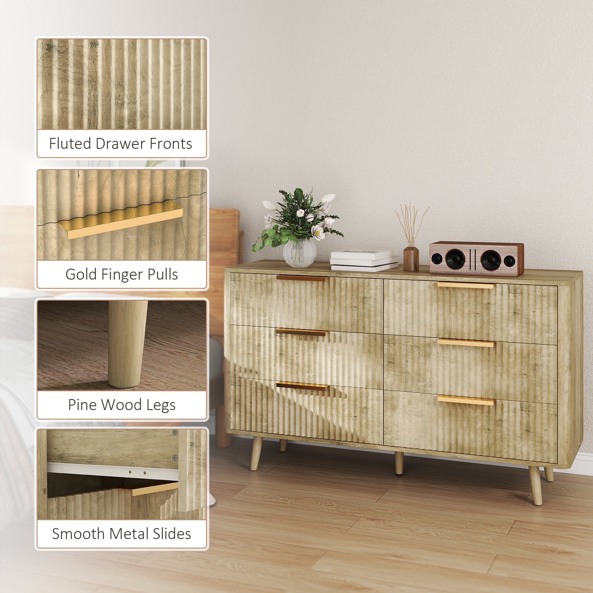 Dakota Fluted Chest of Drawers, Modern 6 Drawer Dresser with Pine Wood Legs, Finger Pulls for Closet, Living Room, Hallway, Oak