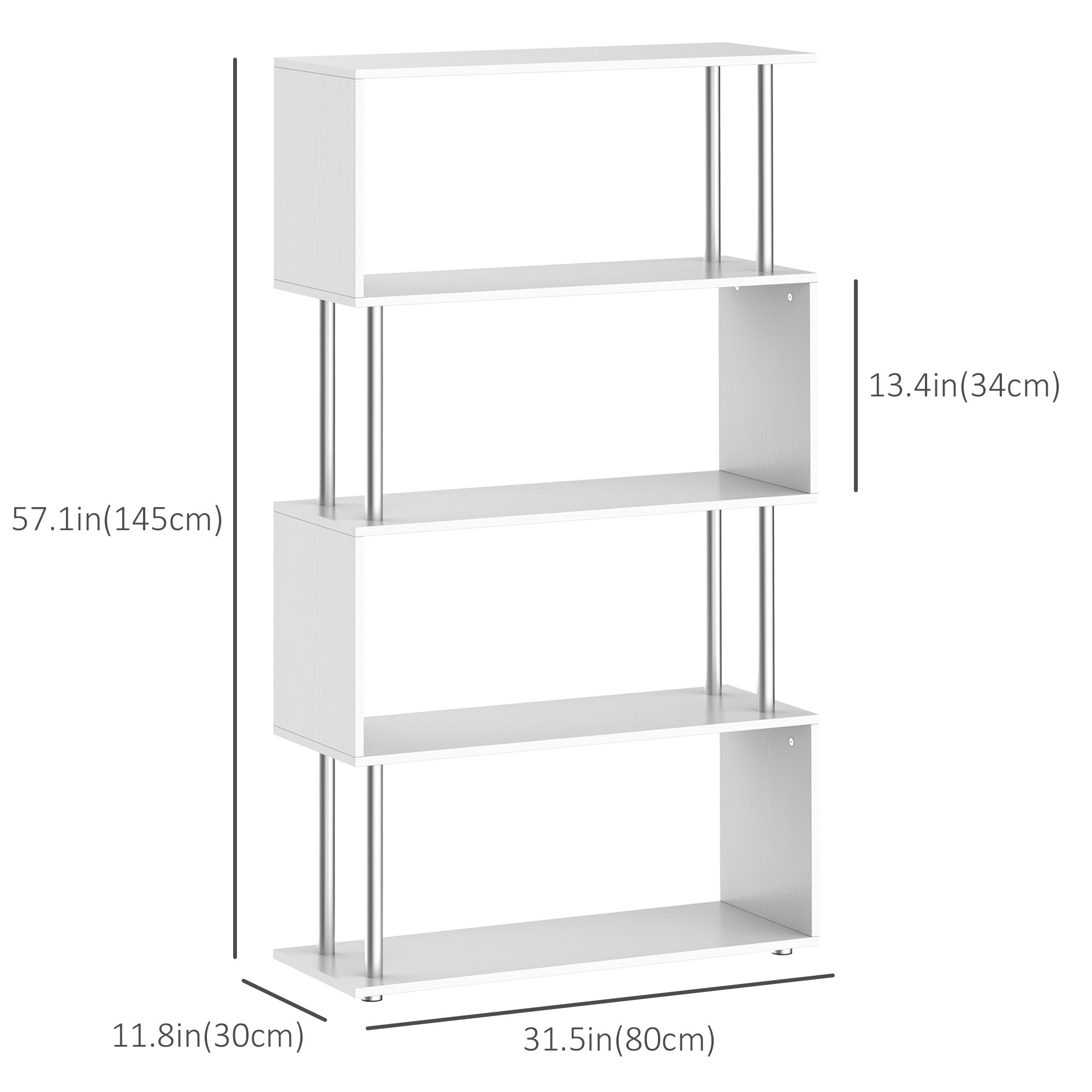 Jude 5-Tiers Geometric Wooden S-Shaped Bookshelf Display with Metal Frame for Living Room, Bedroom & Home Office-White