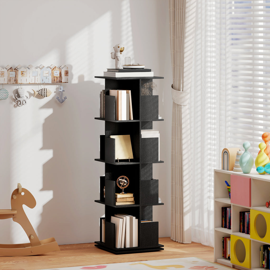 Brett 360 Rotating 4 Tier Bookshelf with with Anti-Tipping Straps and Anti-Slip Pads  for Books, Plants, Decorations-Black