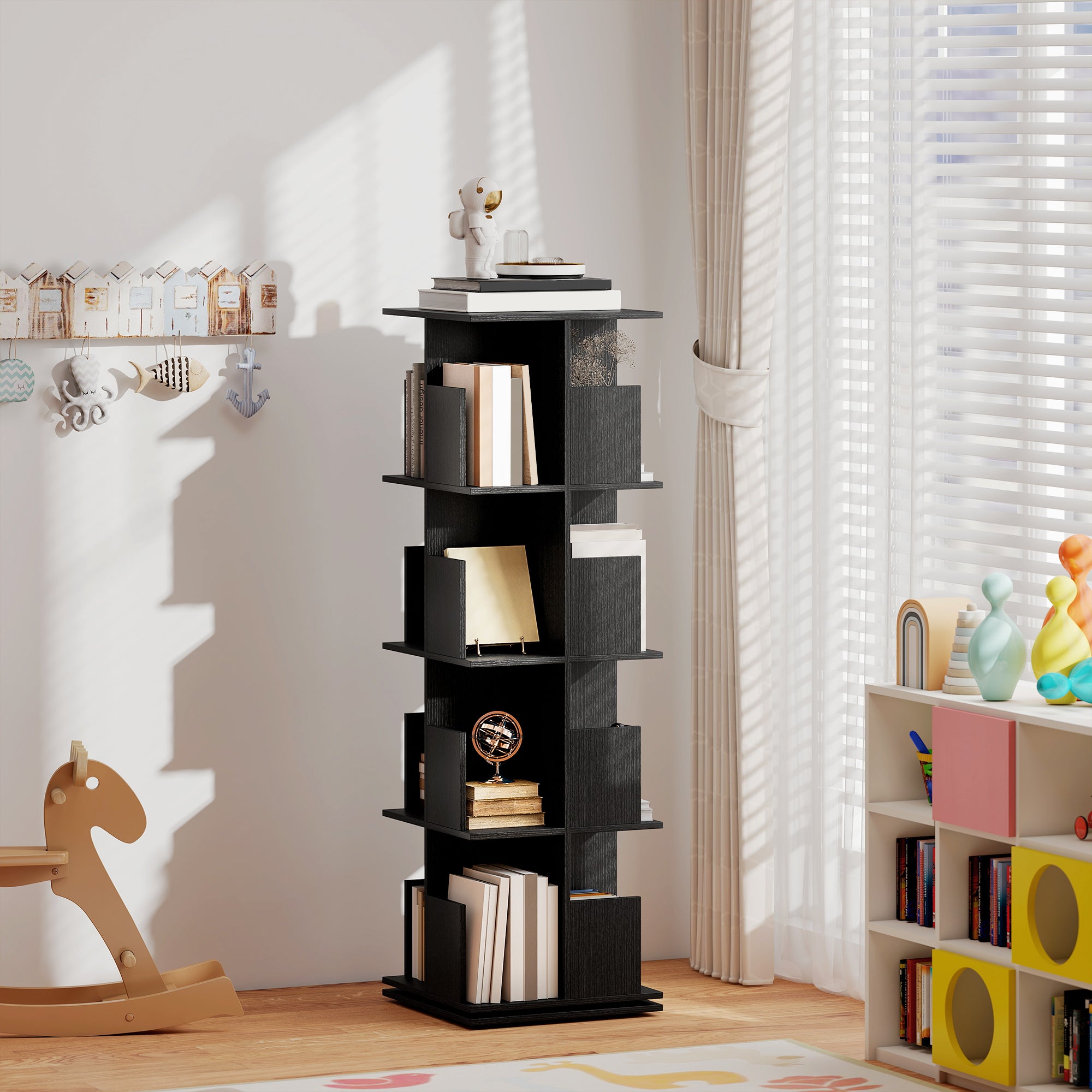 Brett 360 Rotating 4 Tier Bookshelf with with Anti-Tipping Straps and Anti-Slip Pads  for Books, Plants, Decorations-Black