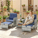 Athena 5 Piece Patio Furniture Set with Ottomans and Glass Table-Dark Blue