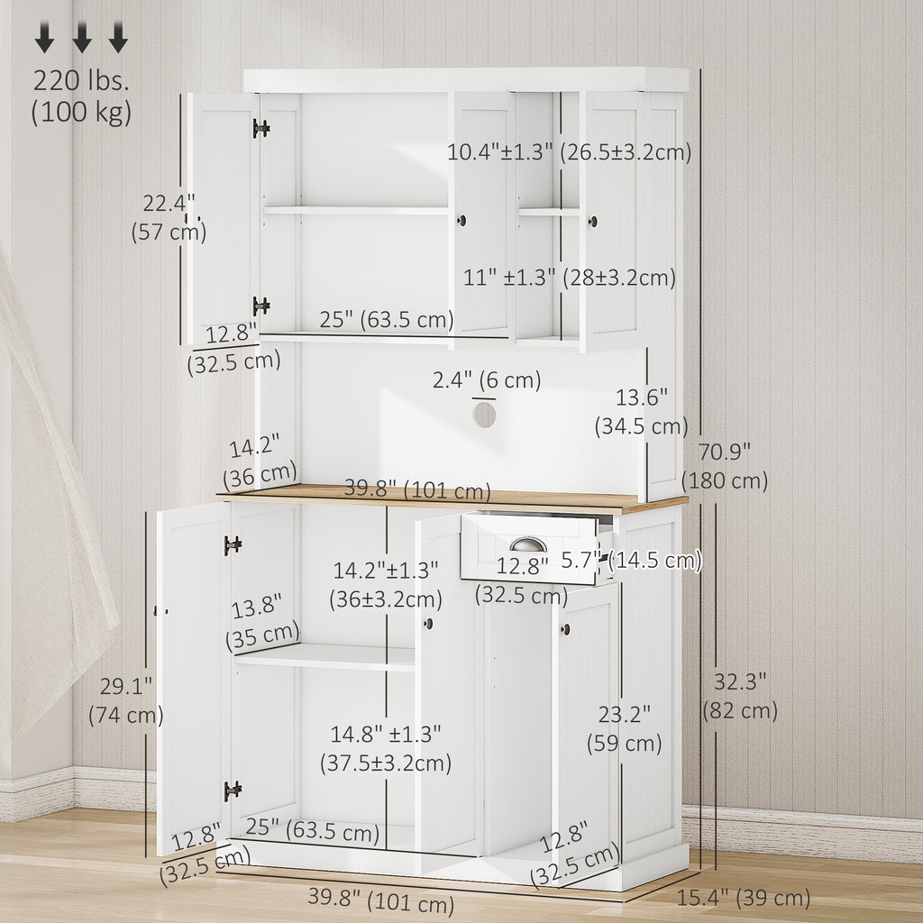 Denver 71" Kitchen Pantry Buffet with Hutch Storage Cabinet Microwave Oven Stand with Drawer, White, Oak