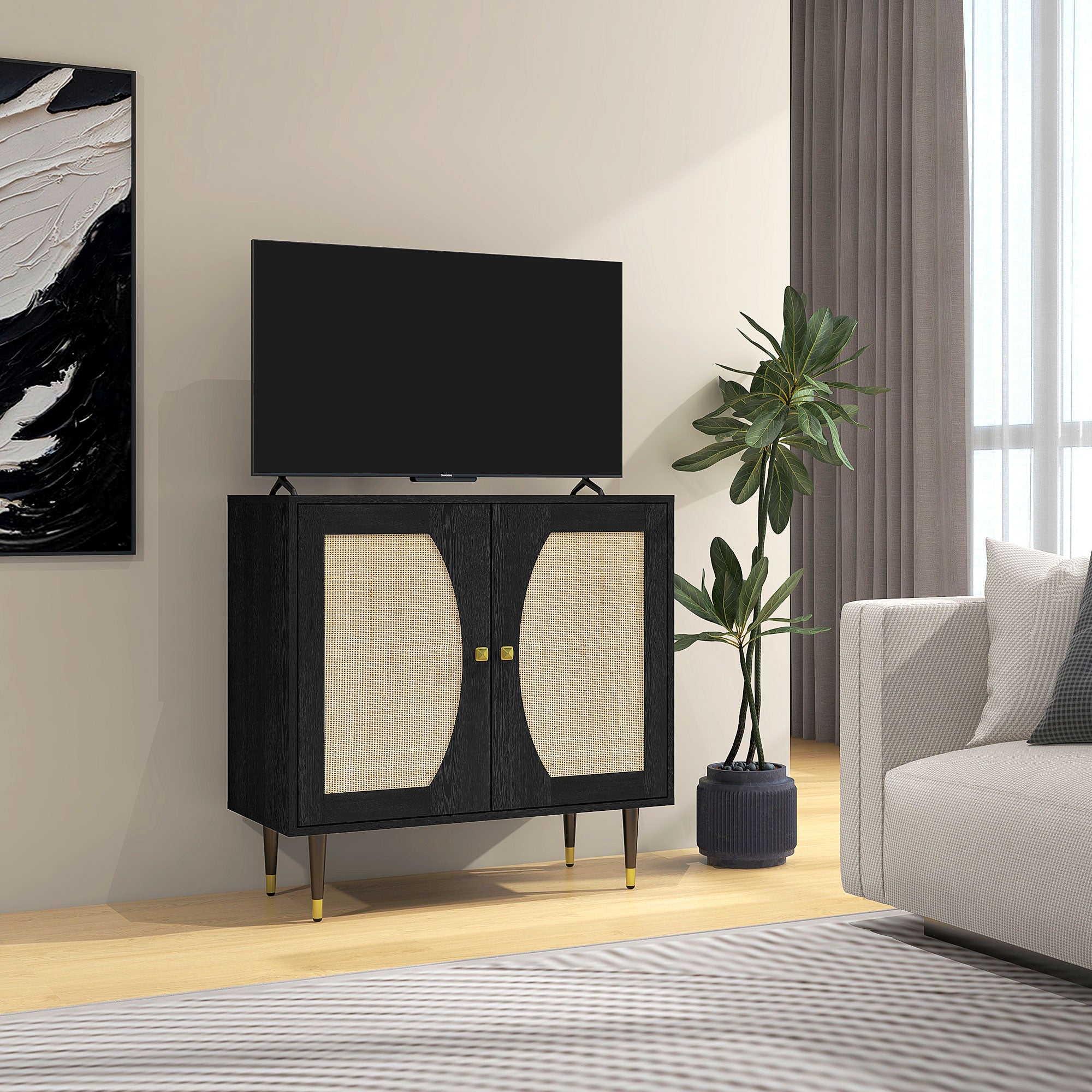 Sage 32" Boho Hallway Cabinet with Rattan Front and Adjustable Shelves-Black