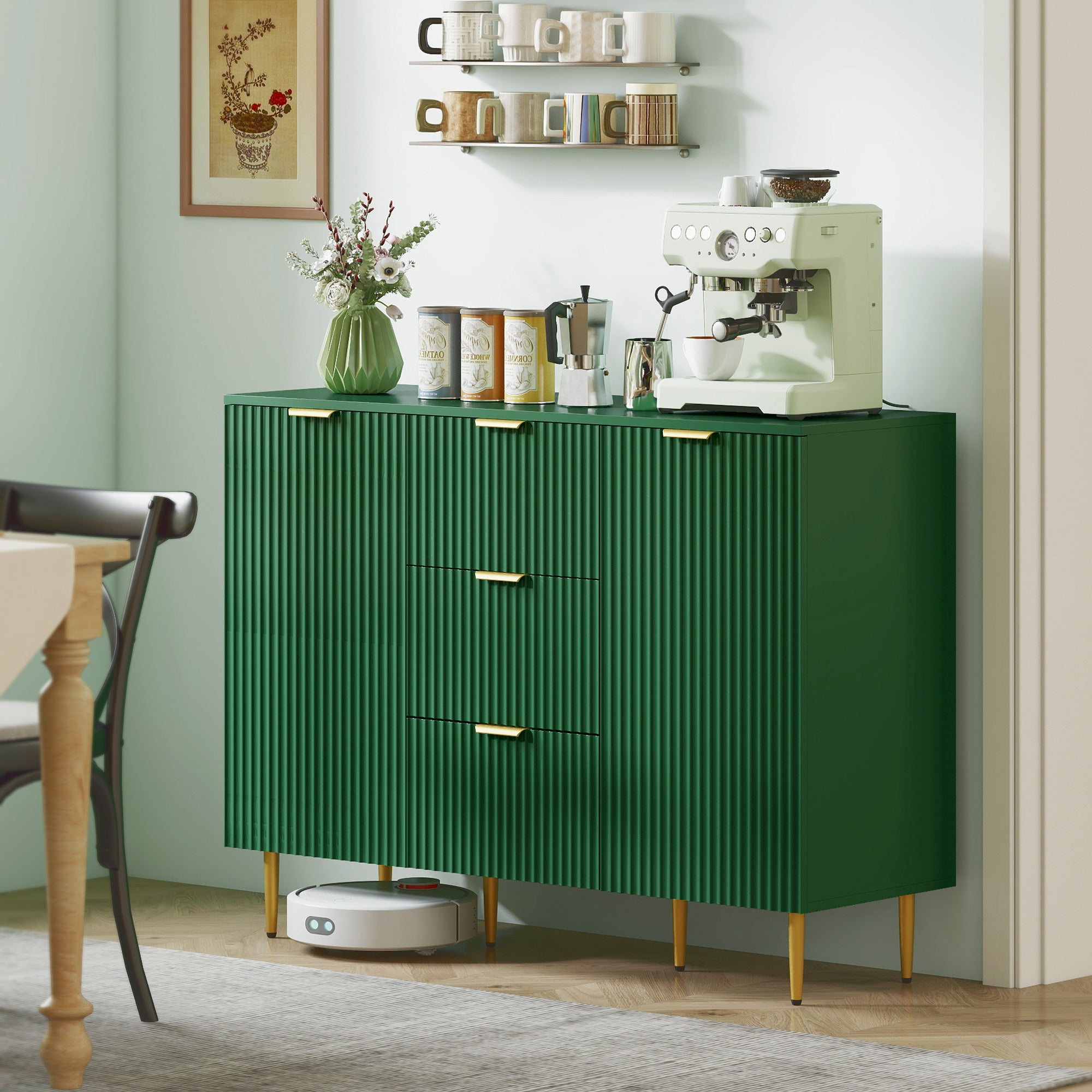Ellis Modern Kitchen Storage Cabinet, Sideboard Buffet Cabinet w/ 3 Drawers and Adjustable Shelves for Kitchen Hallway, Green