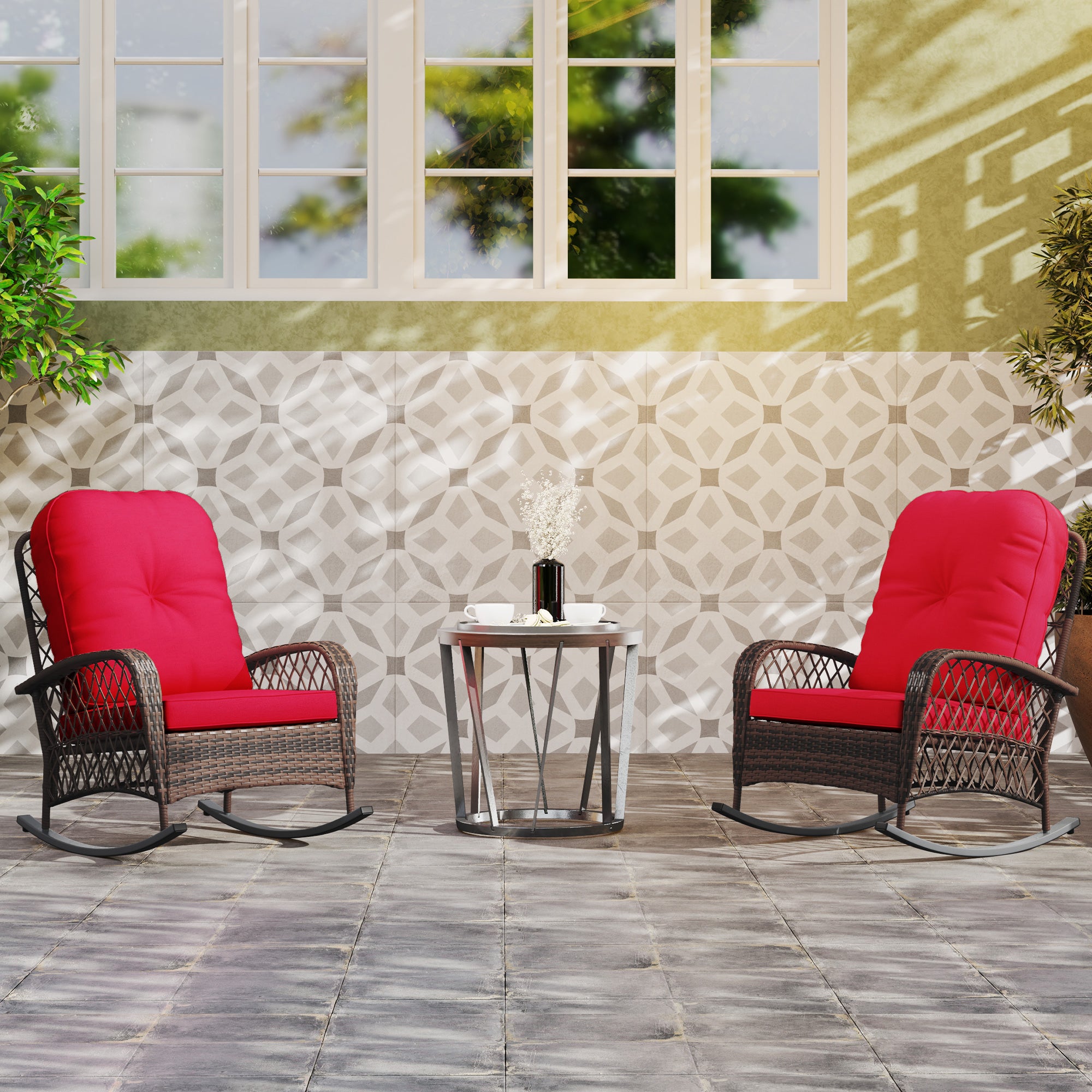 Oxlade Outdoor Rattan Wicker Rocking Chair with Thick Cushions-Set of 2-Red