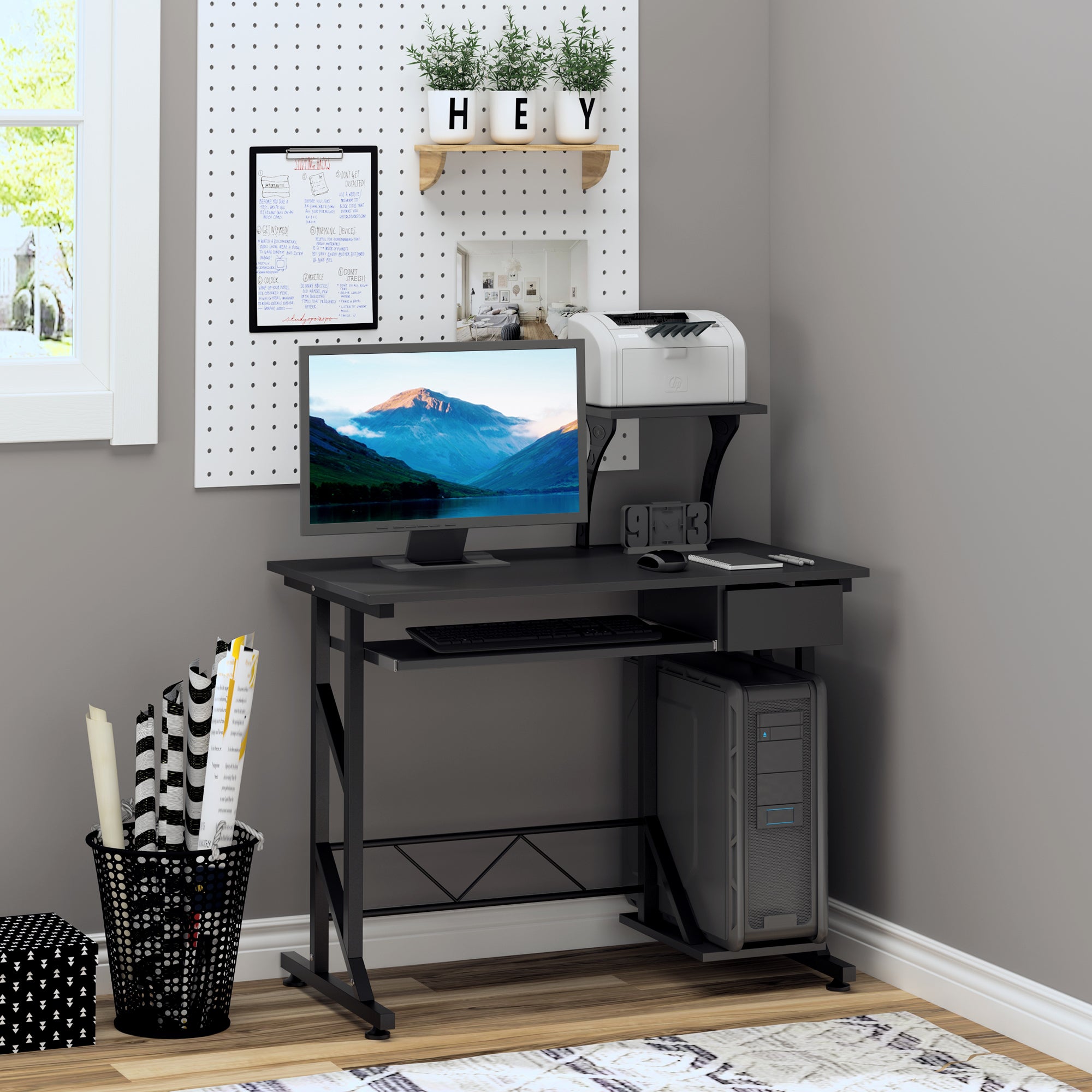 Indy Computer Desk with Keyboard Tray, Writing Desk with Drawer, Workstation for Home Office, Black (35.4"Lx19.7"Wx39.4"H)