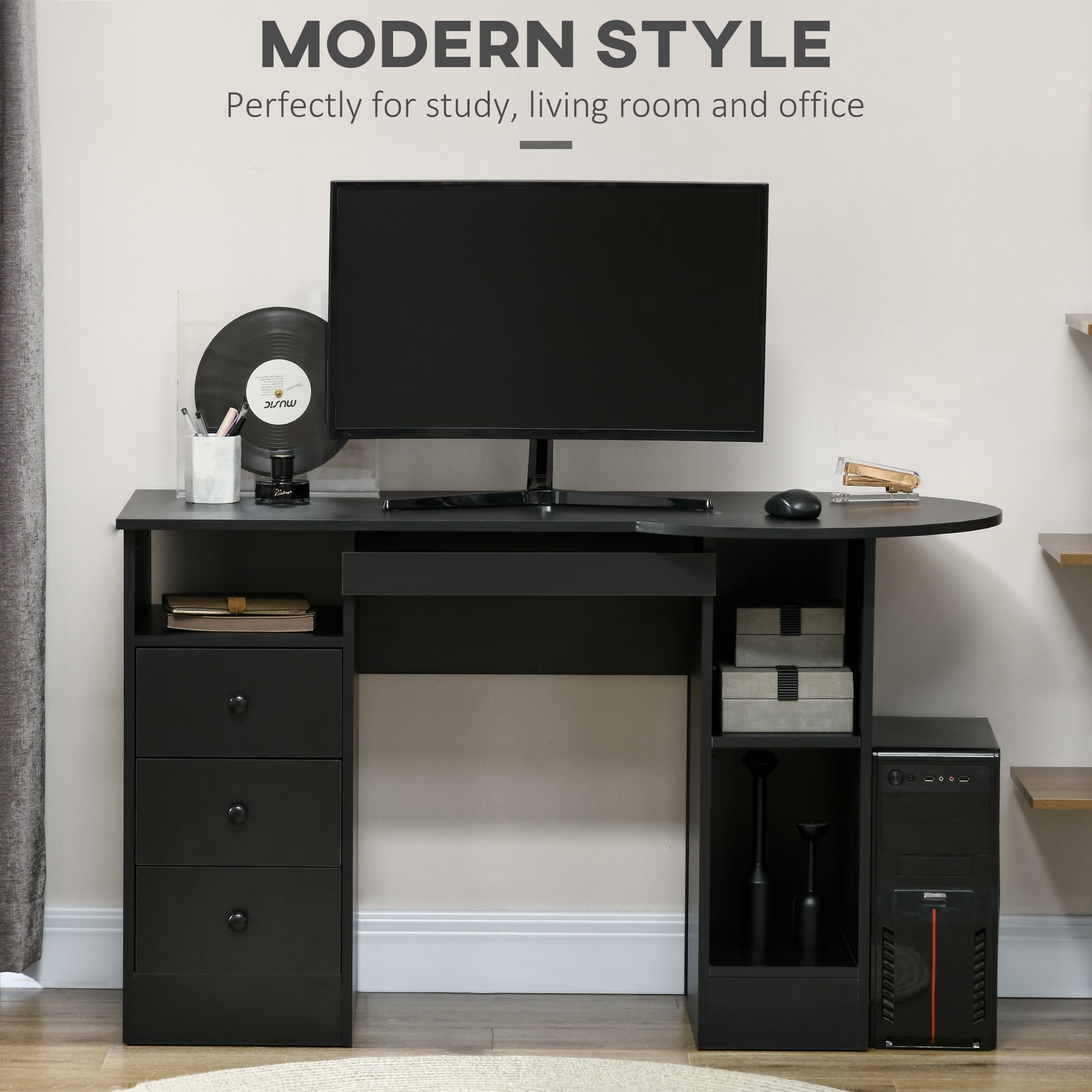 Parker Office Desk with Storage, Modern Computer Workstation Desk with Keyboard Tray-Black