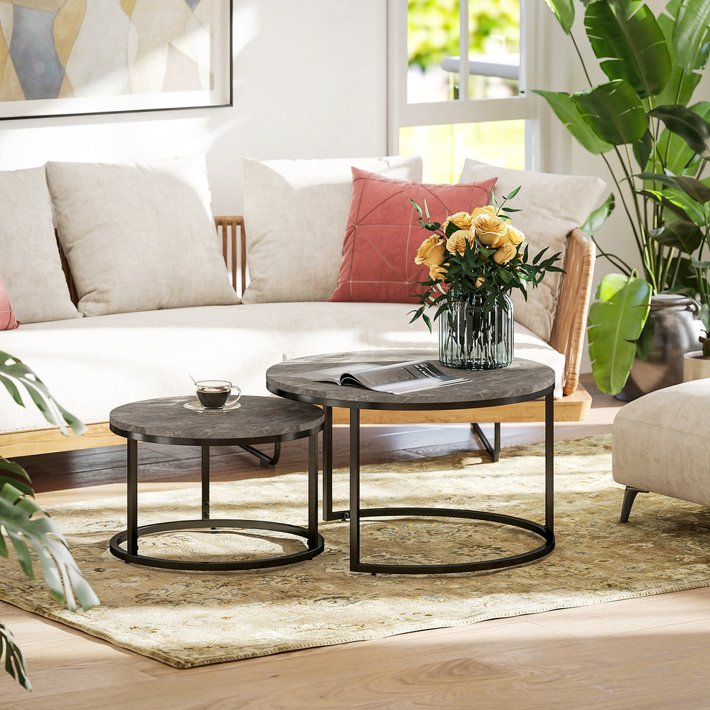 Zephyr Modern Coffee Table Set of 2, Nesting Side Tables w/ Metal Base for Living Room Bedroom Office Faux Marbled Grey