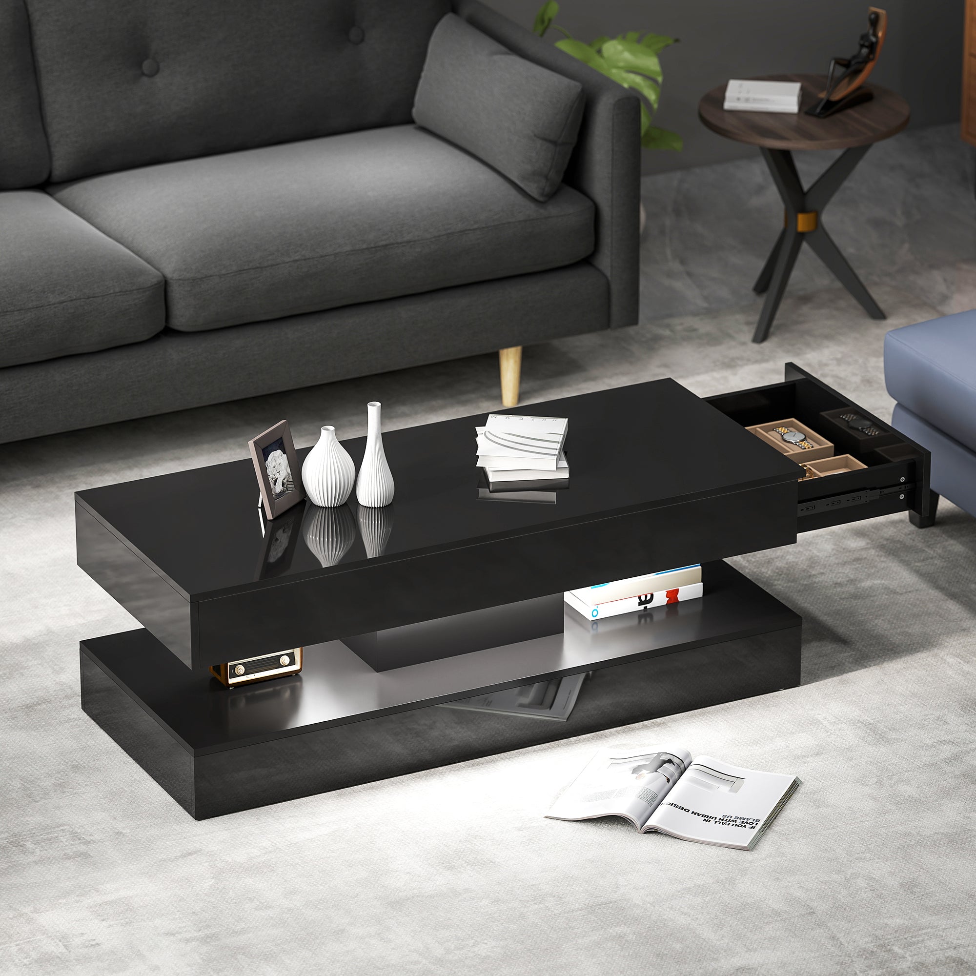 Erin Modern Coffee Table with 2 Drawers and Adjustable LED Lights-High Gloss Black