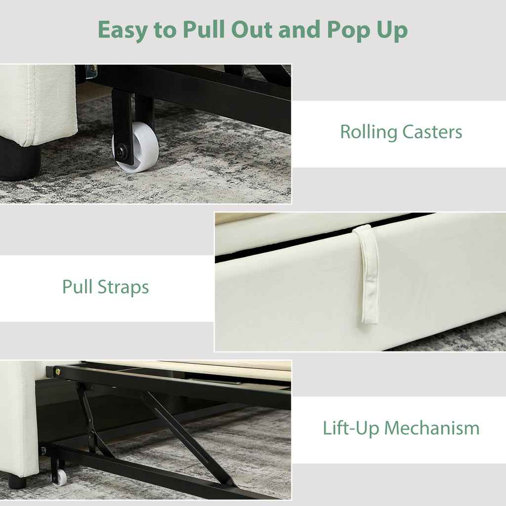 Atlas Upholstered Twin Trundle Bed, Extendable Twin to King Day Bed with Headboard and Armrests-Cream White