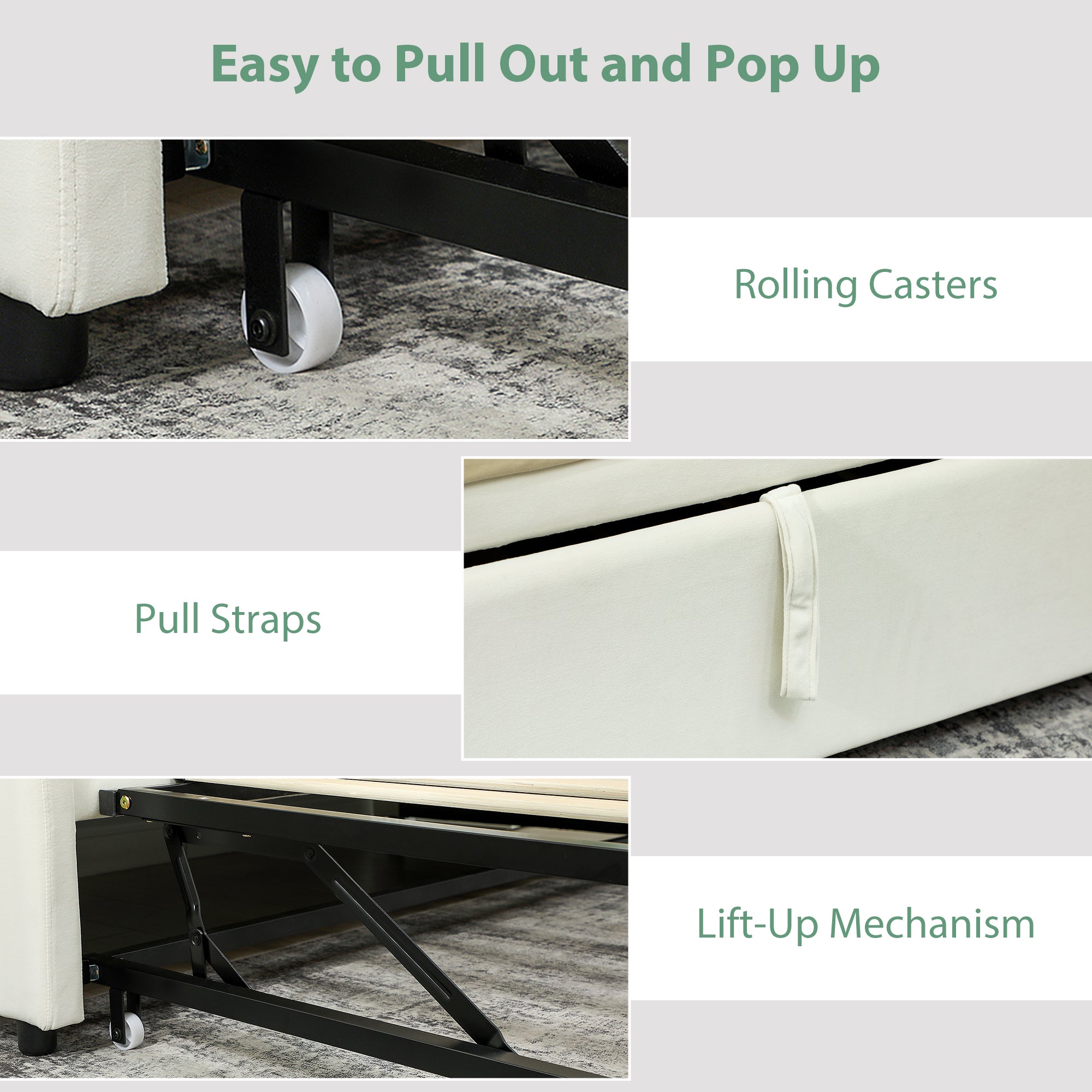 Atlas Upholstered Twin Trundle Bed, Extendable Twin to King Day Bed with Headboard and Armrests-Cream White