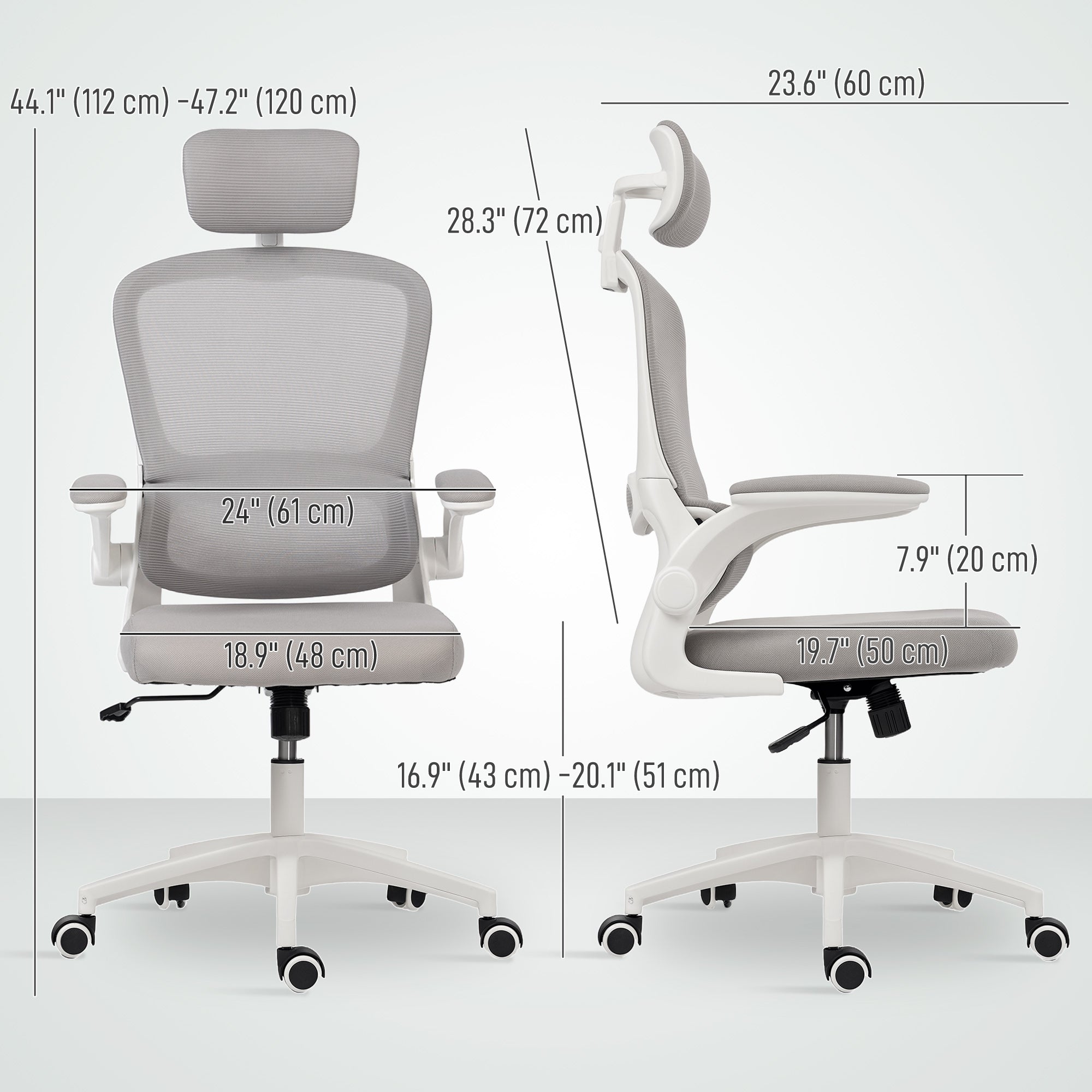 Owen Ergonomic Mesh Office Chair, High Back Desk Chair with Rotatable Headrest, Flip-Up Armrests, Lumbar Support, Grey