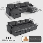 Theo Convertible Sofa Bed, Corduroy U-Shaped Sleeper Sofa Couch with Storage Chaise, Pillows, Spring, Futon Couch, Grey