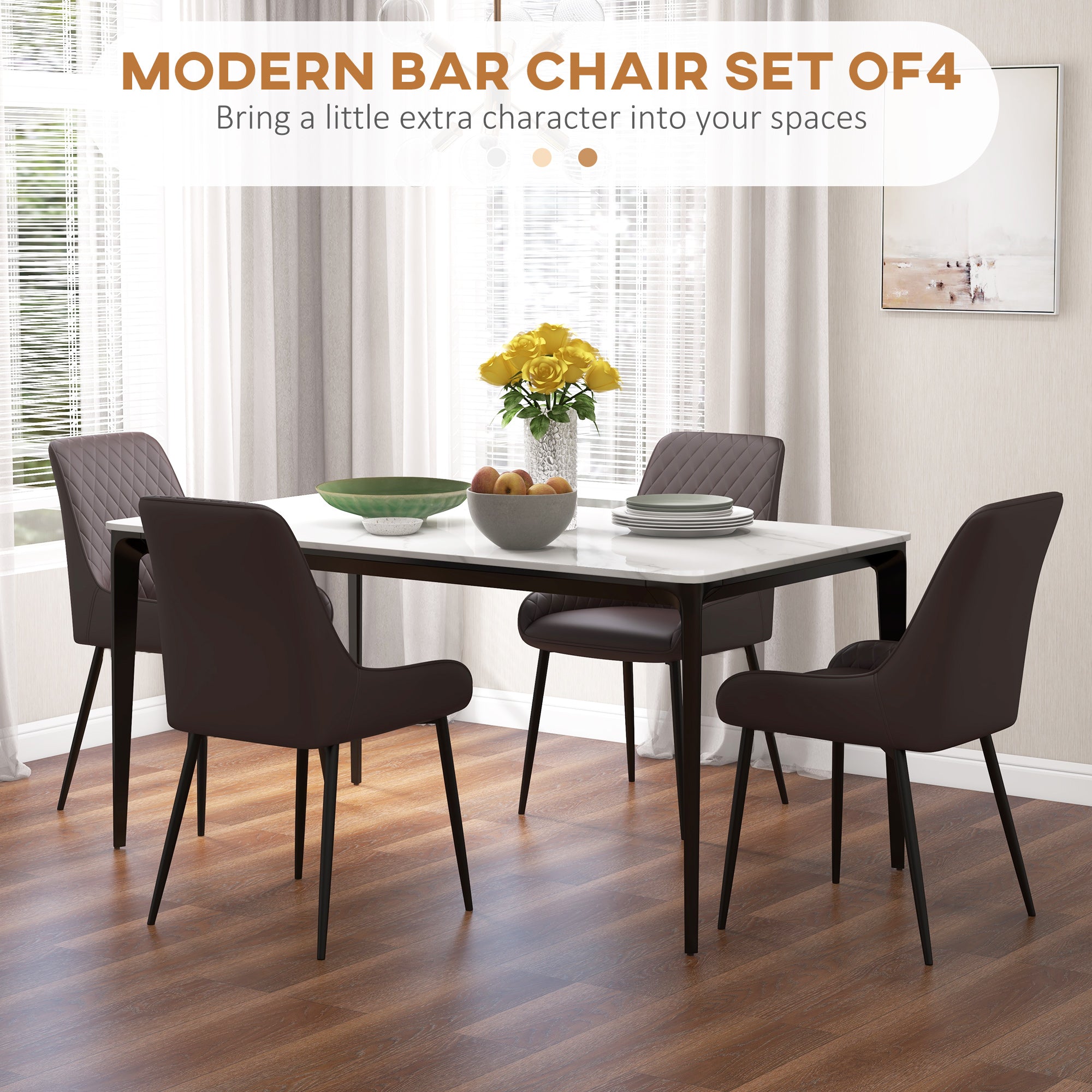 Blake PU Leather Kitchen Chairs, Modern Dining Chairs Set of 4 with Diamond Tufting and Steel Legs for Dining Room, Brown