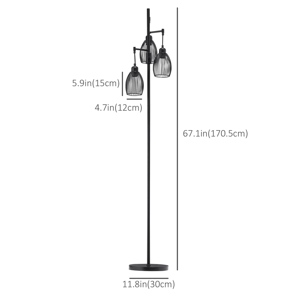 Carmen Dimmable Floor Lamp with 3 Hanging Wire Lampshades-Black