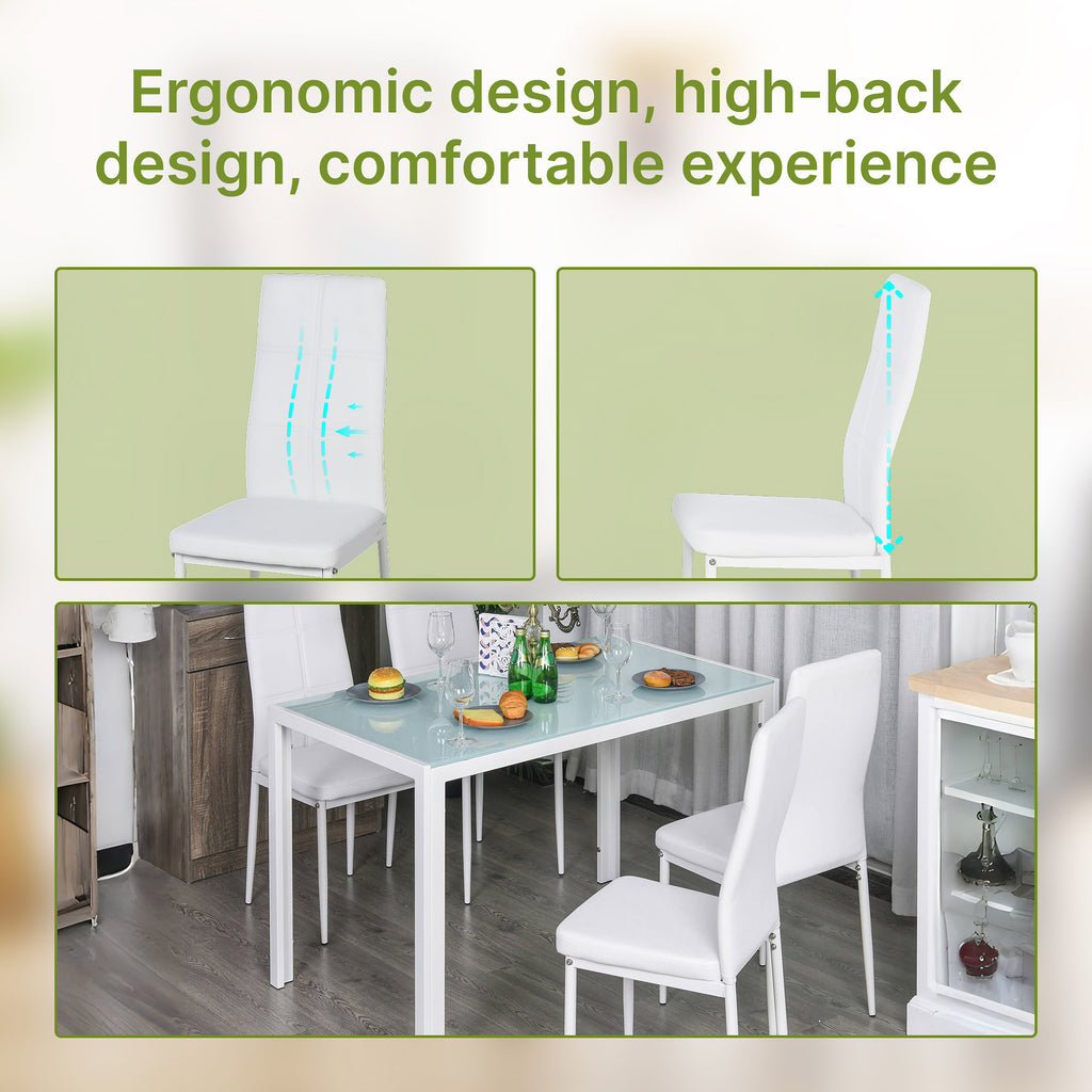 Zaya 5-Piece Rectangular Glass Kitchen Table and Chairs with Metal Frame and Faux Leather Upholstery for Dining Room, White