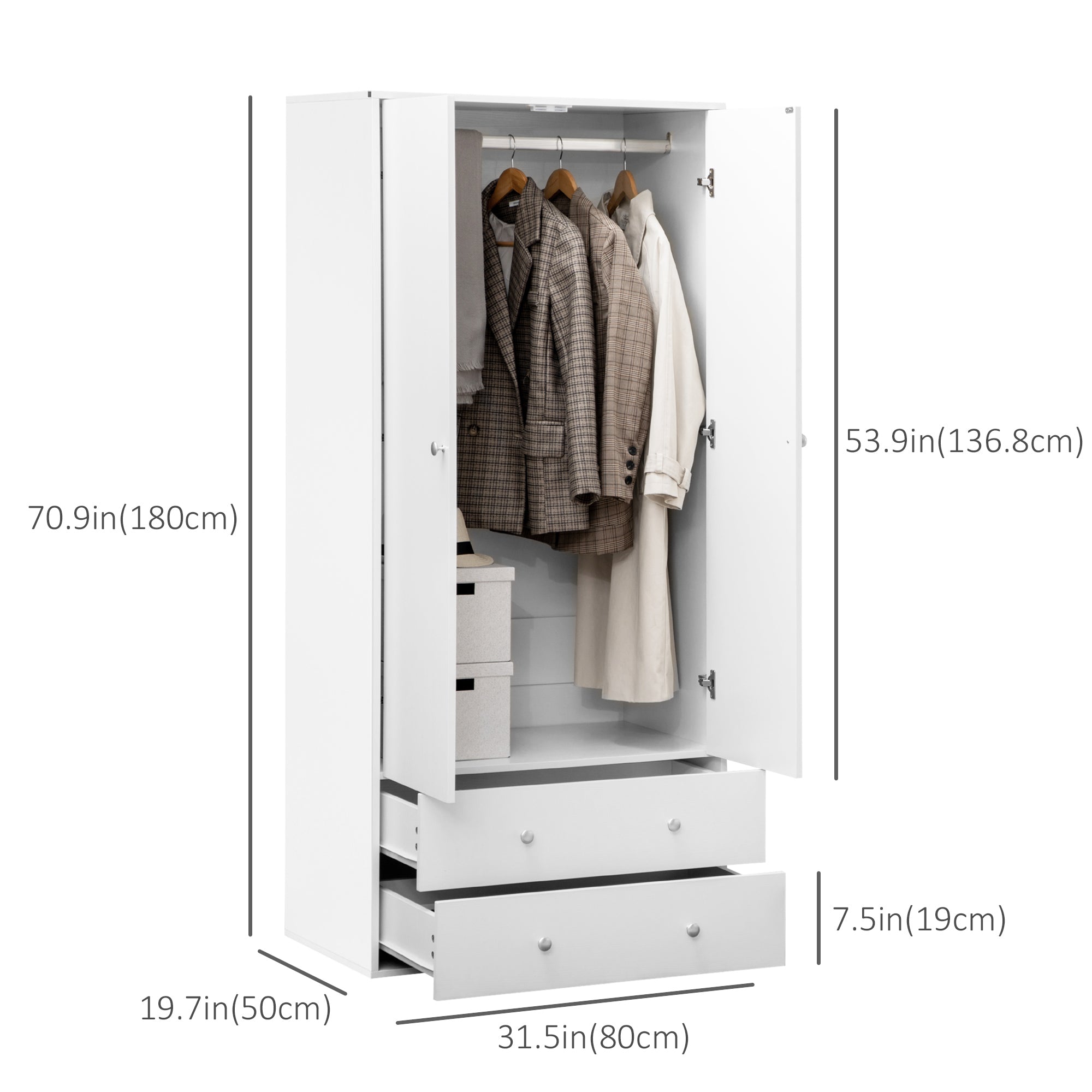 Briar Modern Wardrobe Closet Armoire with 2 Drawers and Hanging Rod, Clothes Storage Organizer with Anti-tipping Design for Bedroom, White