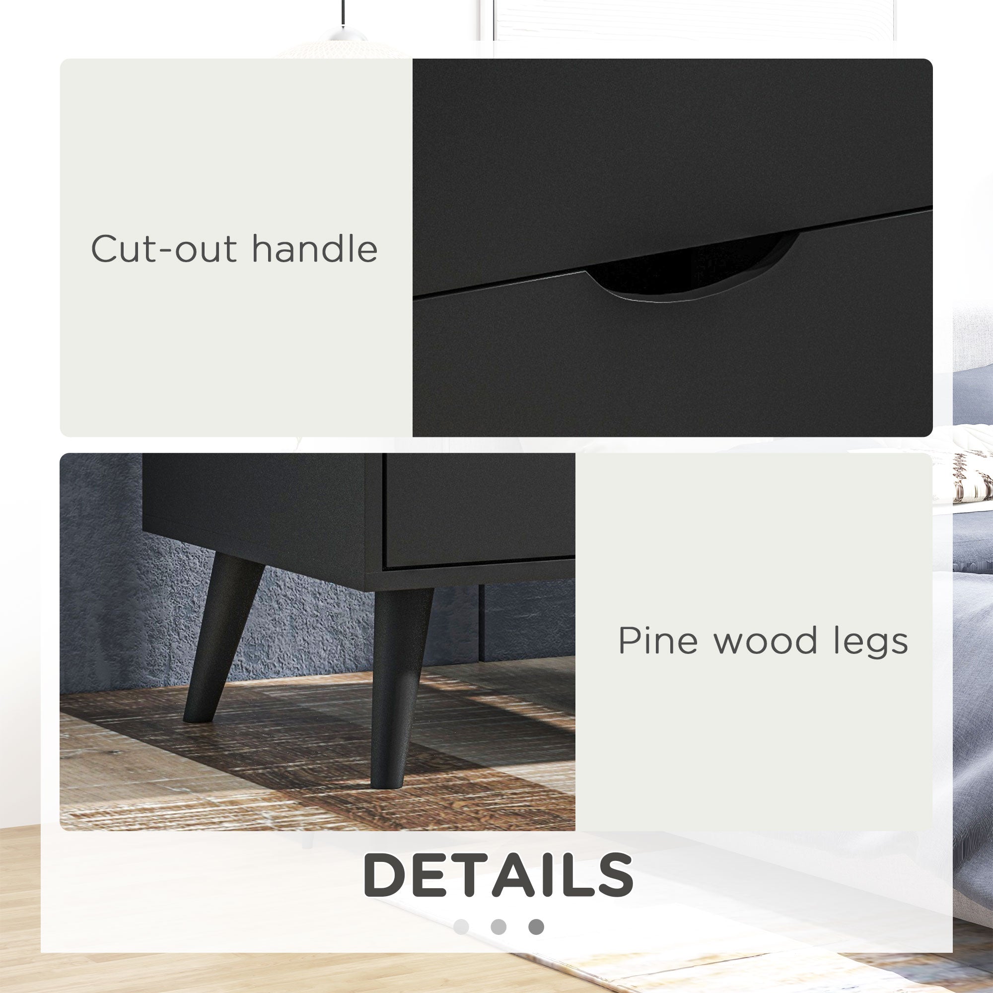 Jesse Modern Bedside Table, Nightstand with 2 Drawers and Pine Wood Legs for Bedroom, Living Room, Black