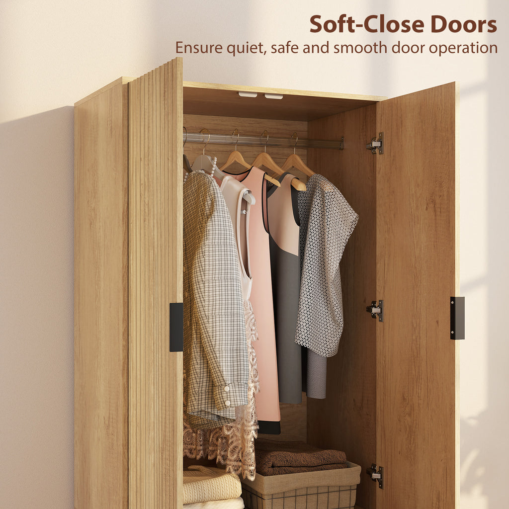 Alexis Modern Wardrobe Closet, Freestanding Armoire with Soft-Close Doors, 2 Drawers and Hanging Rod for Bedroom, Natural