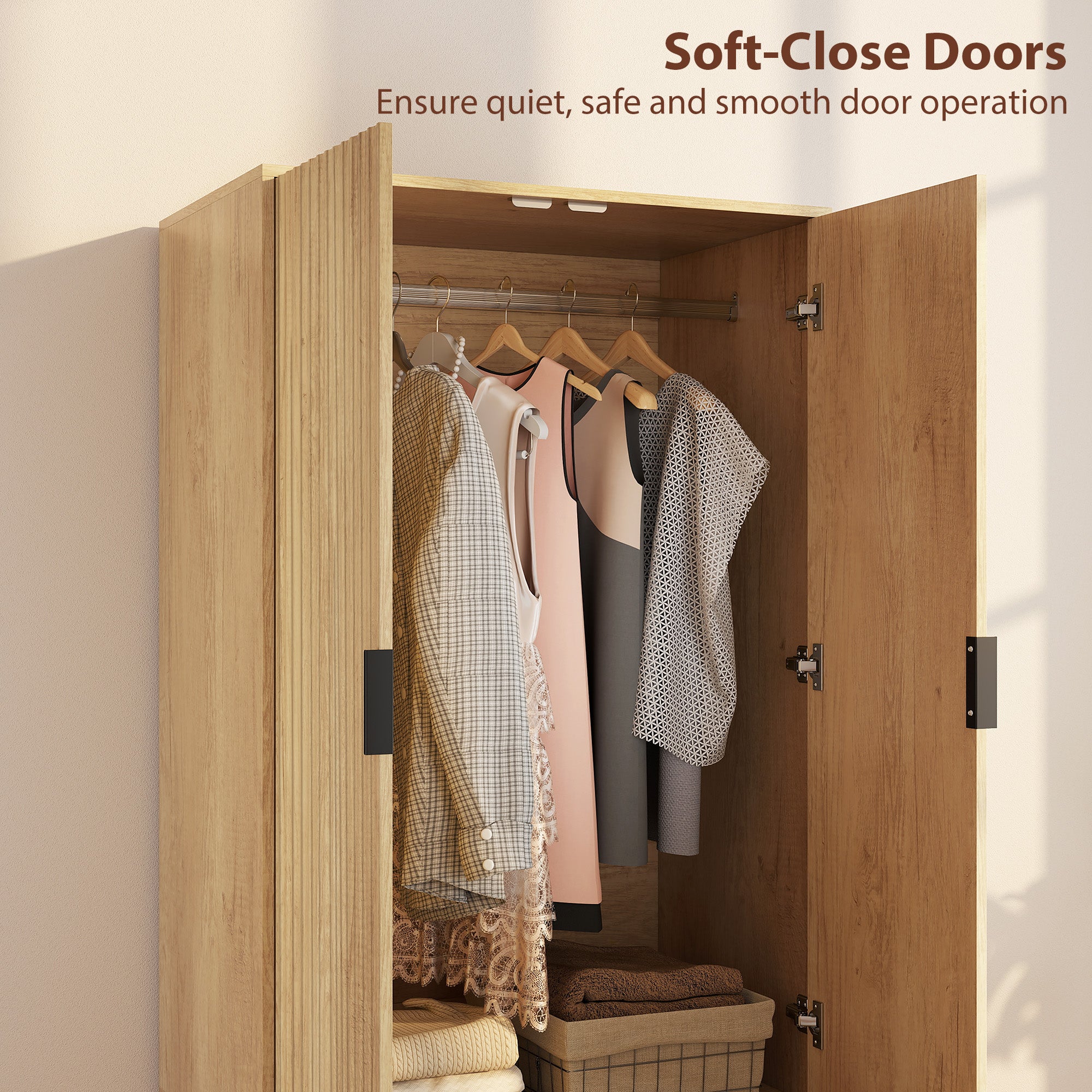 Alexis Modern Wardrobe Closet, Freestanding Armoire with Soft-Close Doors, 2 Drawers and Hanging Rod for Bedroom, Natural