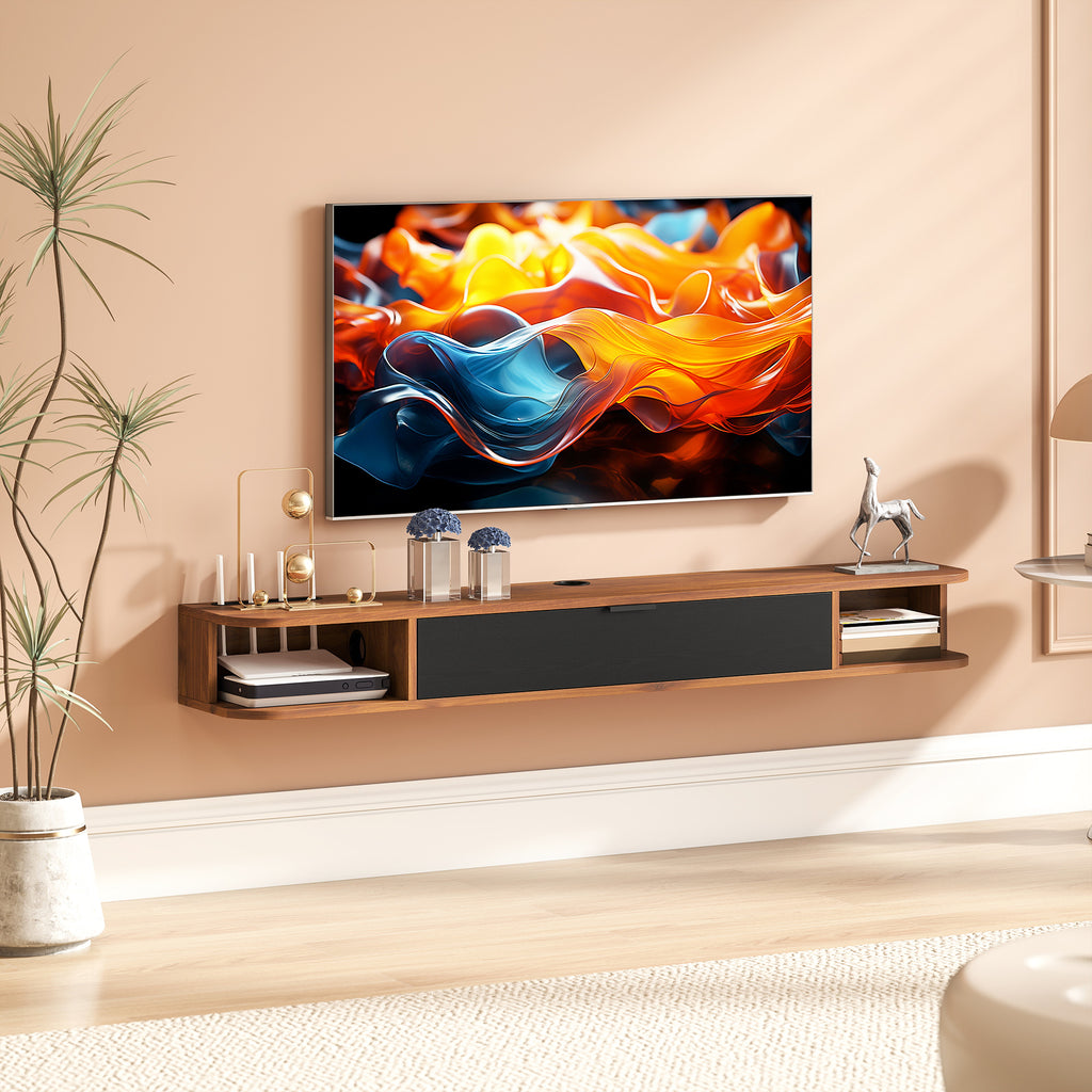 Wall Mounted Media Console with Flip Drawer and 2 Open Shelves,