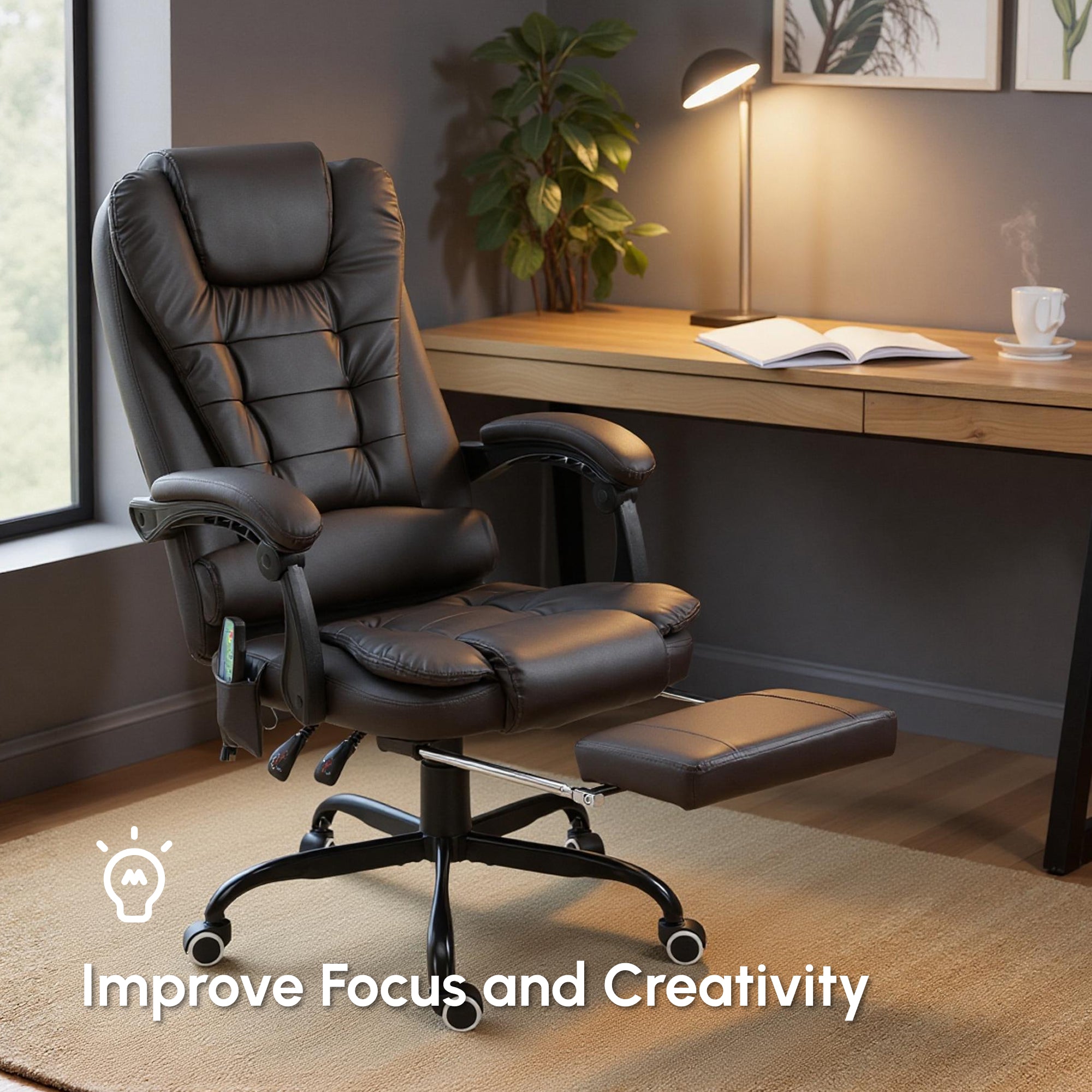 Declan 7-Point Vibrating Massage Chair, Reclining Office Chair with Footrest, Reclining Back, Adjustable Height, Brown