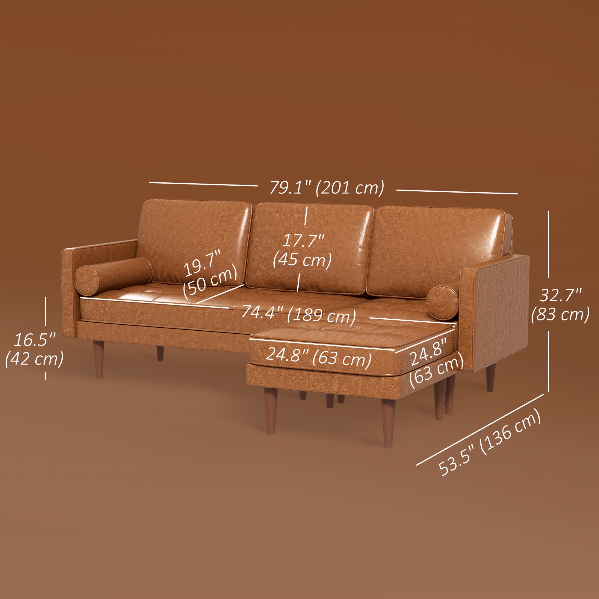 Reuben Faux Leather  Sectional-Sofa with movable Footstool and 2 Bolster Pillows-Brown