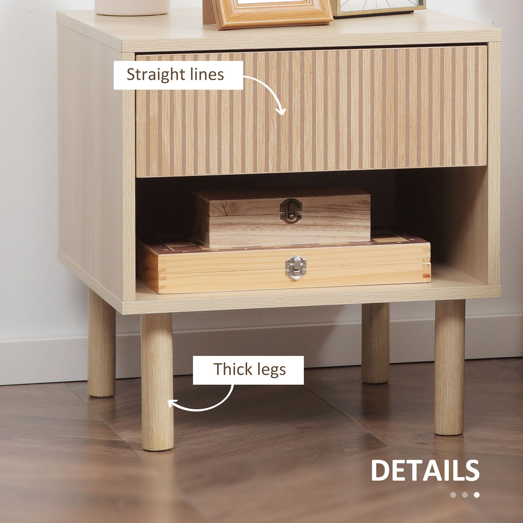 Laura Set of 2 Bedroom Nightstands, Side Table with Storage Shelf and Drawer for Living Room, Bedroom, Natural Wood