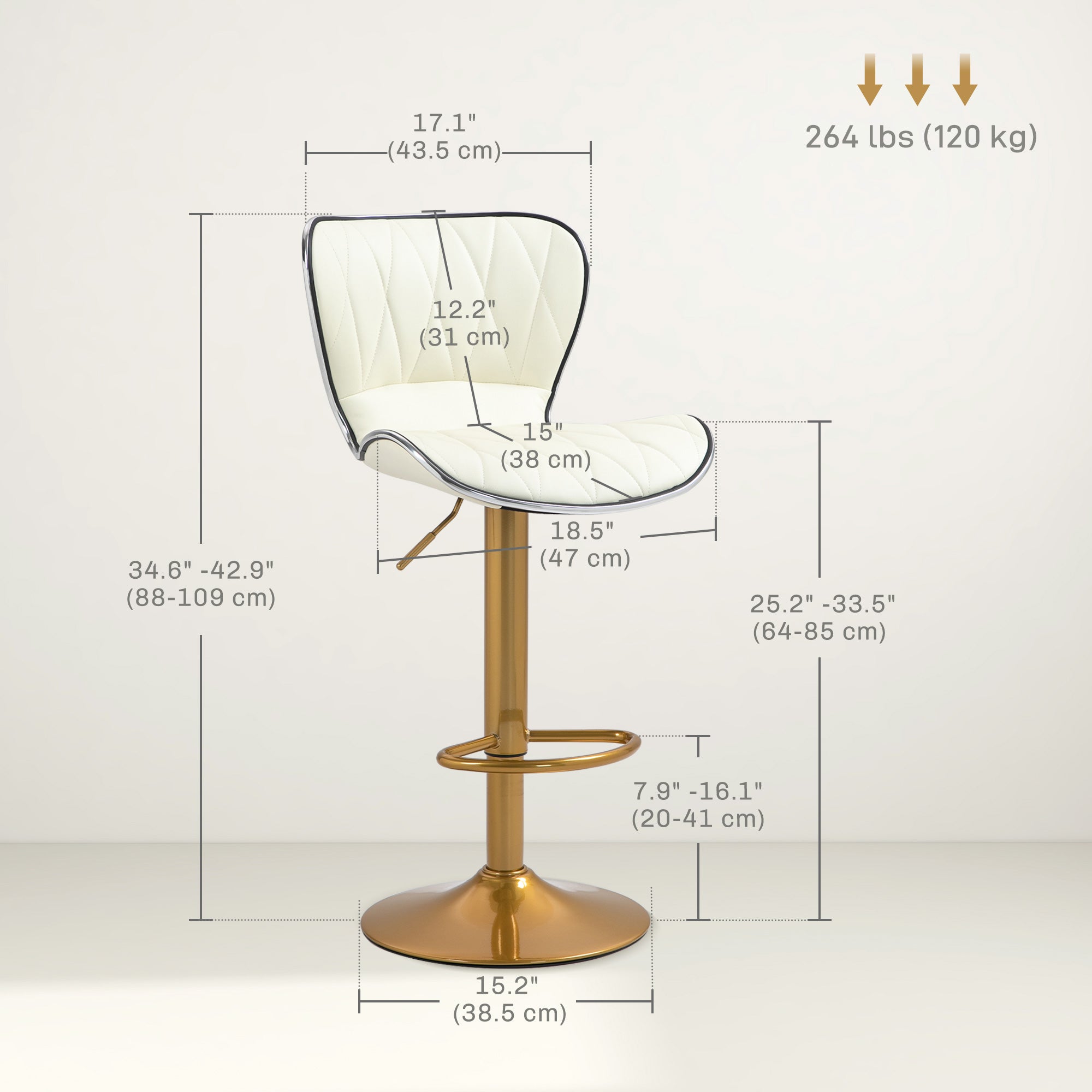 Maxi Counter Height Bar Stools Set of 2, Adjustable Height Bar Chairs with Swivel Seat, PU Leather Upholstery-White/Gold