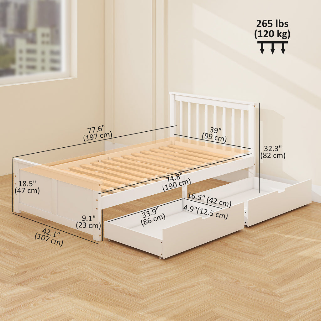 Leo Pine Twin Bed Frame, Wood Storage Bed Frame with Drawers, Wood Slat Support, No Box Spring Needed, Easy Assembly, White