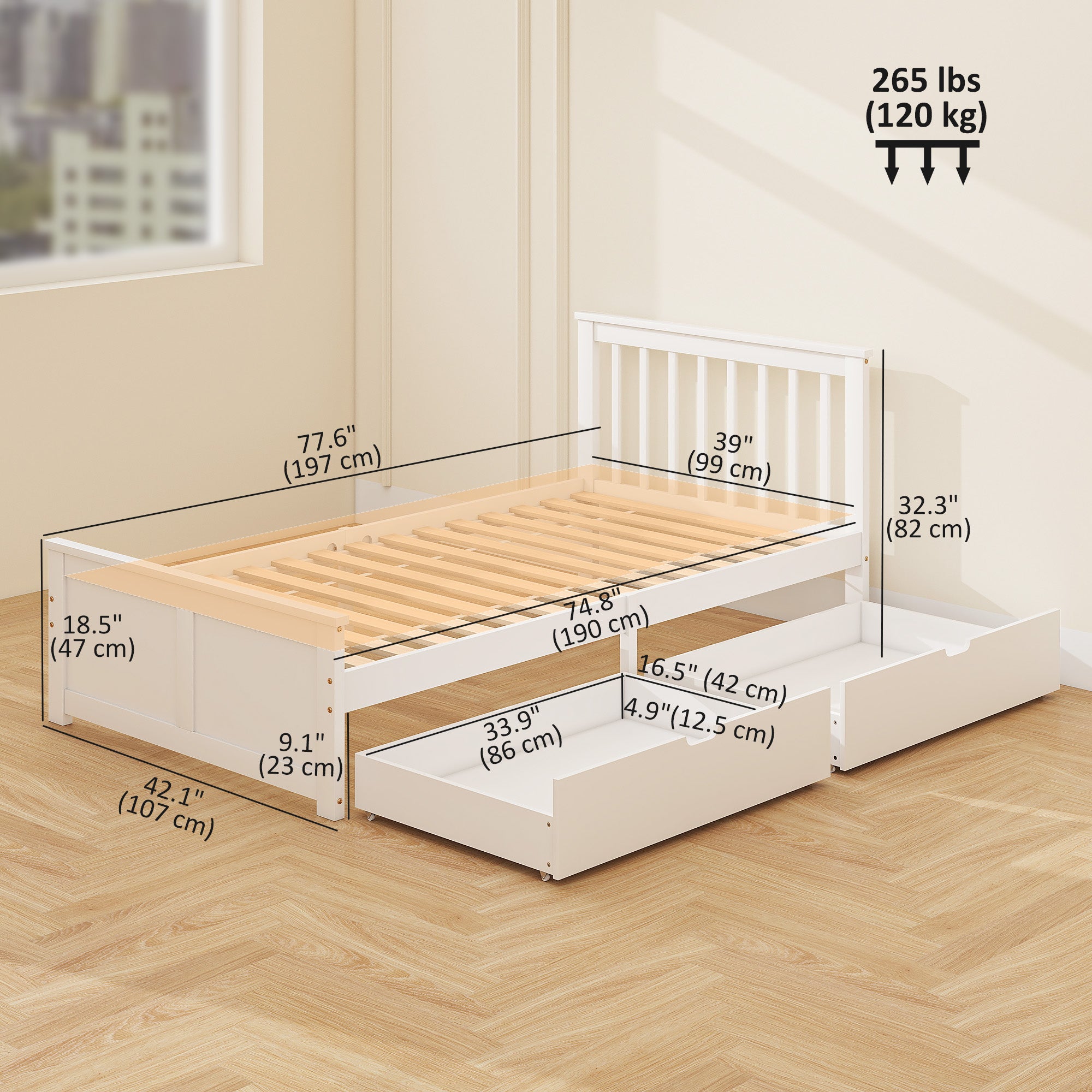 Leo Pine Twin Bed Frame, Wood Storage Bed Frame with Drawers, Wood Slat Support, No Box Spring Needed, Easy Assembly, White