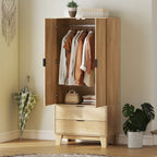 Alexis Modern Wardrobe Closet, Freestanding Armoire with Soft-Close Doors, 2 Drawers and Hanging Rod for Bedroom, Natural