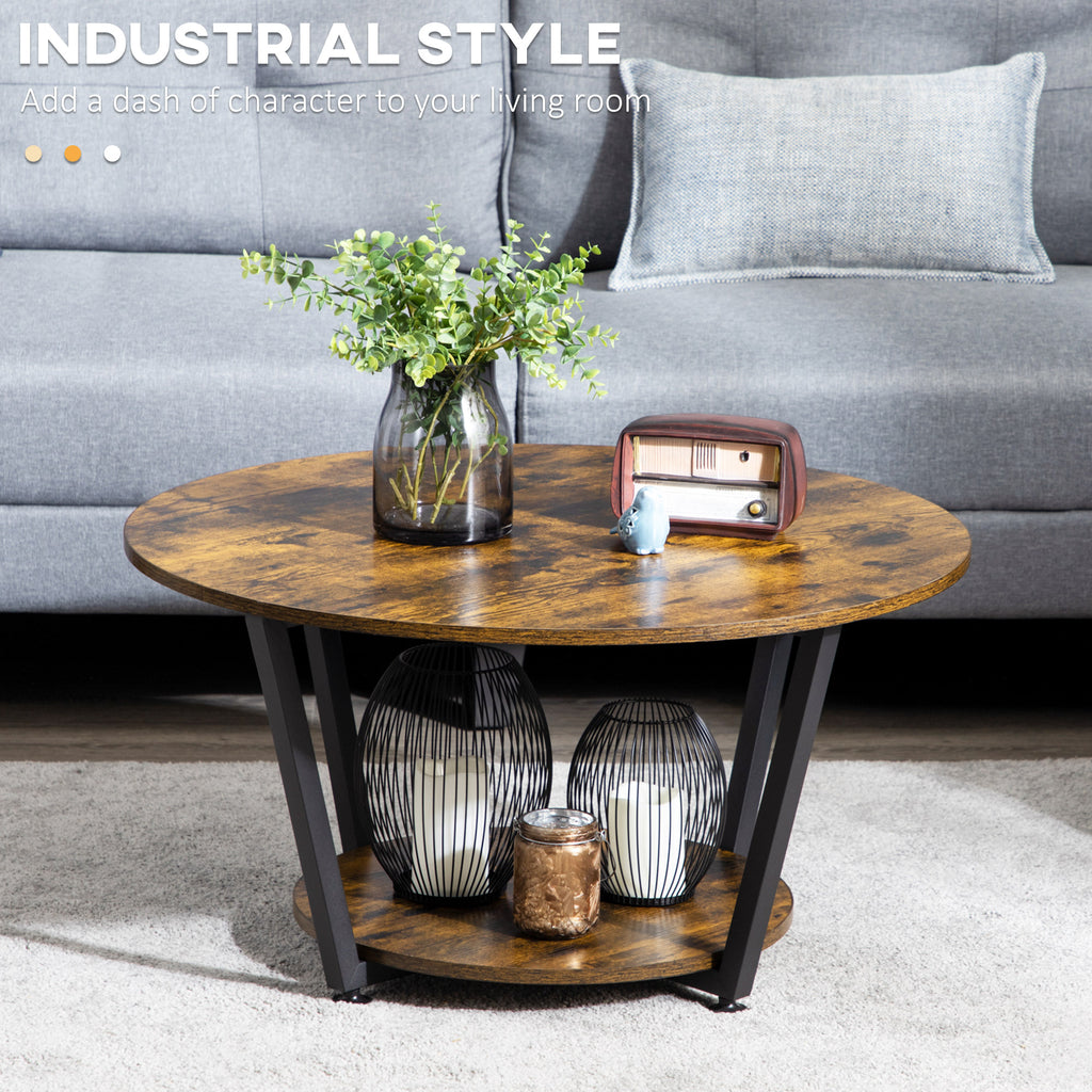 Matt 2-Tier Round Coffee Table with Storage Shelf, Industrial Center Table with Steel Frame for Living Room, Rustic Brown