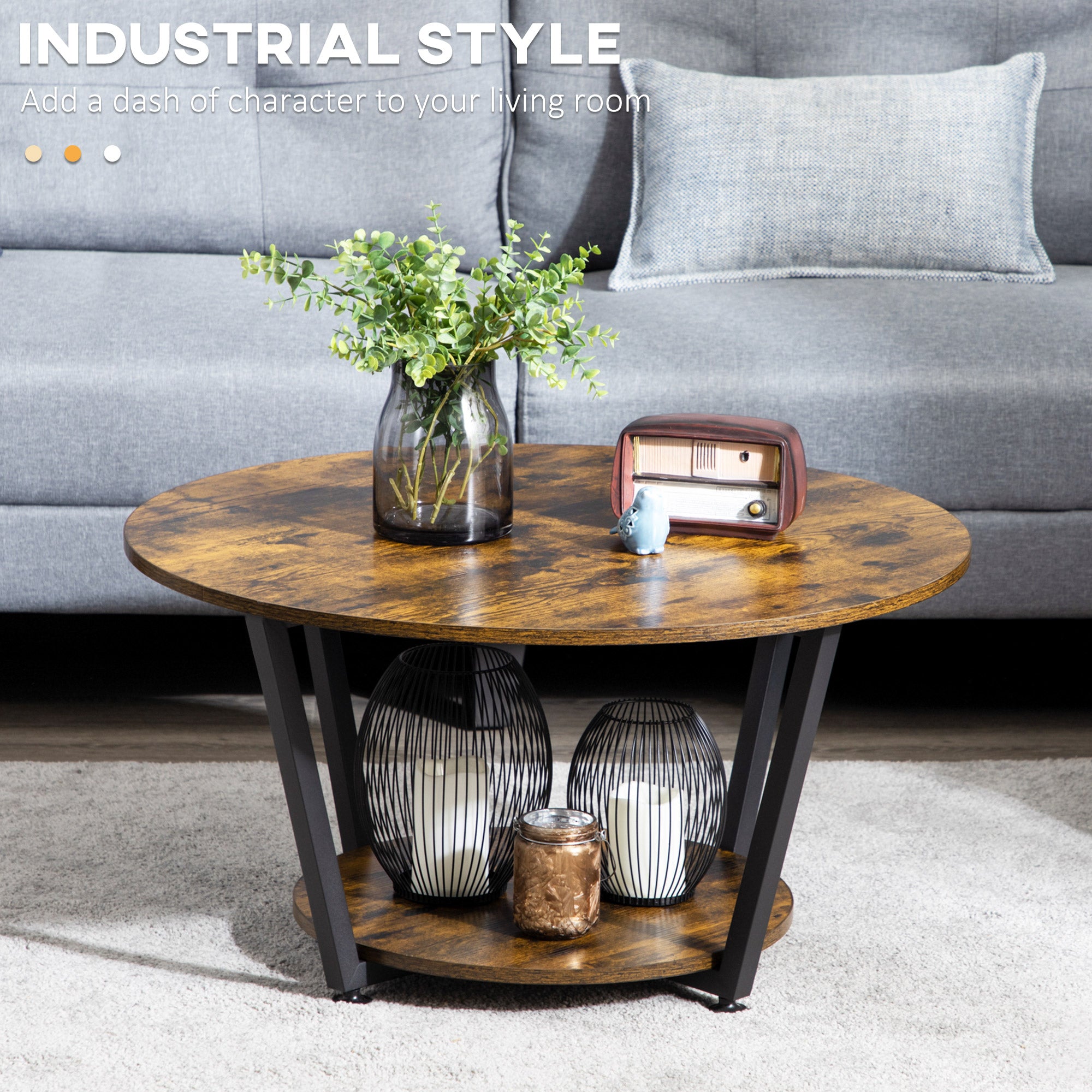Matt 2-Tier Round Coffee Table with Storage Shelf, Industrial Center Table with Steel Frame for Living Room, Rustic Brown