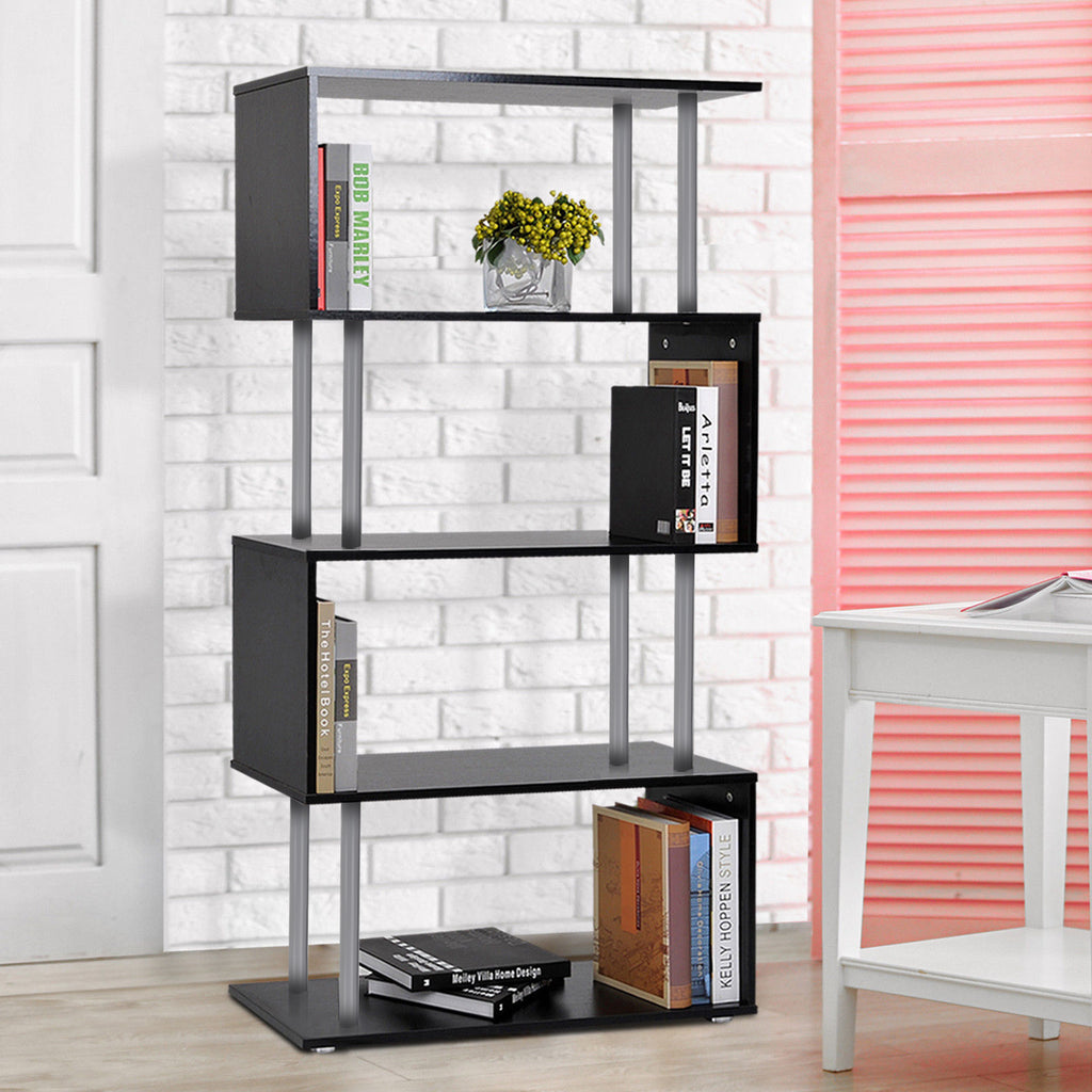 Jude 5-Tiers Geometric Wooden S-Shaped Bookshelf Display with Metal Frame for Living Room, Bedroom & Home Office-Black