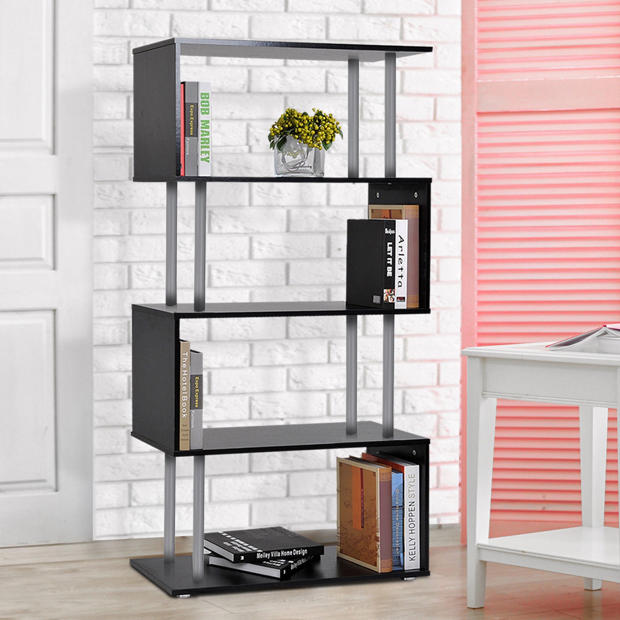 Jude 5-Tiers Geometric Wooden S-Shaped Bookshelf Display with Metal Frame for Living Room, Bedroom & Home Office-Black