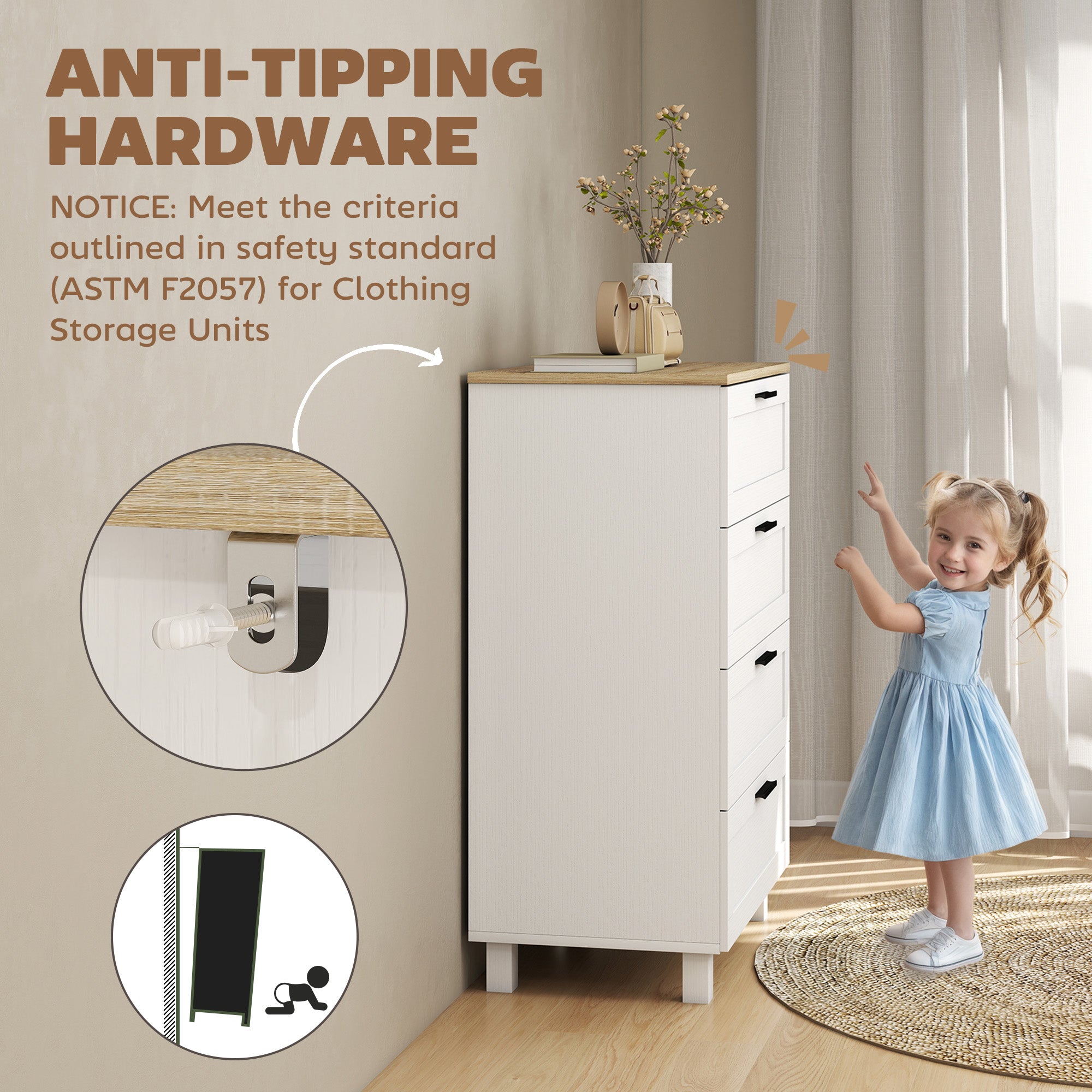 Taylor Chest for Bedroom with 4 Drawers, Chest of Drawers with Solid Wood Legs for Closet, Living Room, Entryway, White