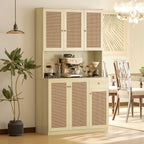 Milan Kitchen Hutch with Microwave Countertop, 71" Boho Kitchen Pantry Cabinet with Decorative Rattan Doors, Natural