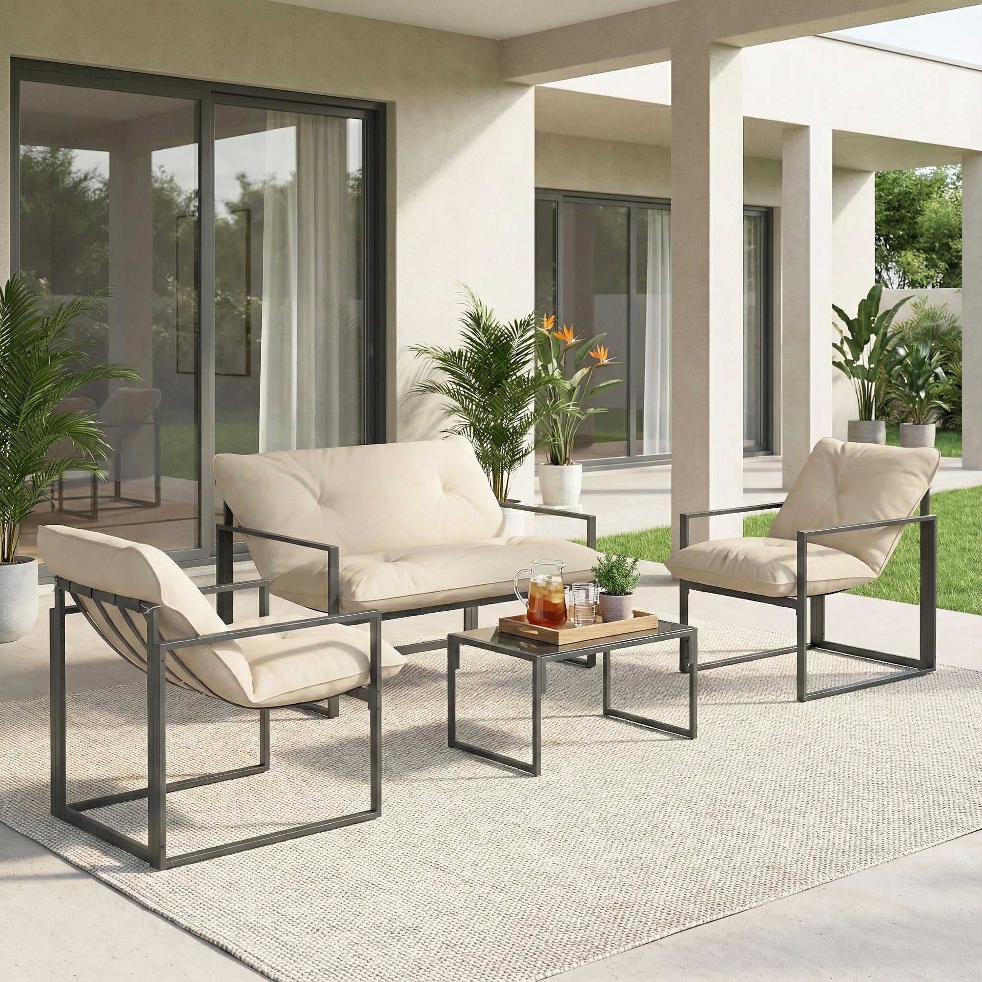 Alfie 4 Piece Patio Conversation Set with Tempered Glass Table-Beige