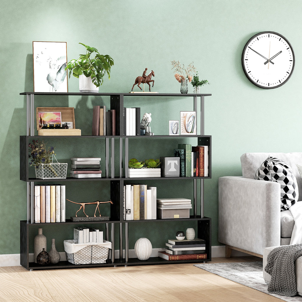 Jude 5-Tiers Geometric Wooden S-Shaped Bookshelf Display with Metal Frame for Living Room, Bedroom & Home Office-Black