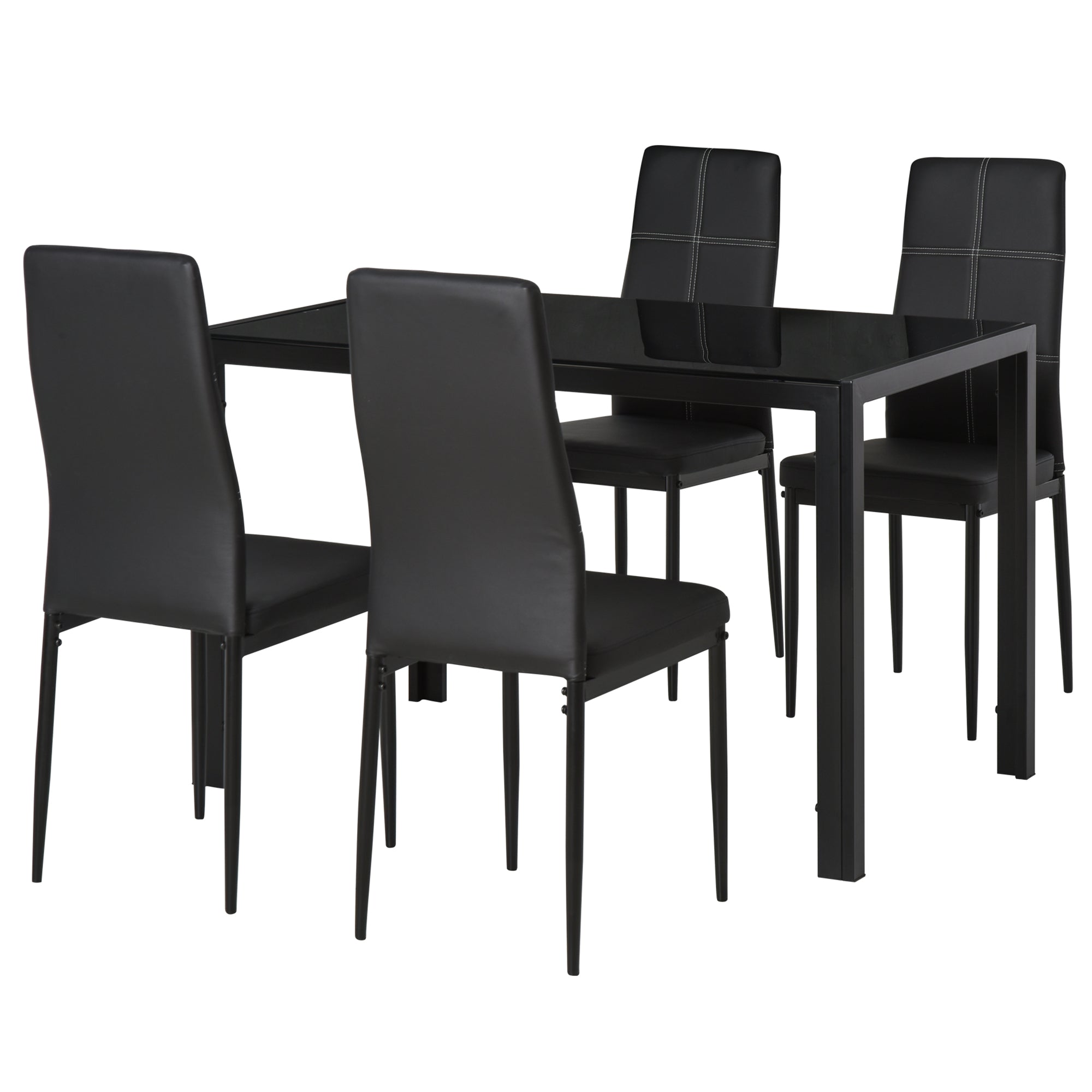 Zaya 5-Piece Rectangular Glass Kitchen Table and Chairs with Metal Frame and Faux Leather Upholstery for Dining Room, Black
