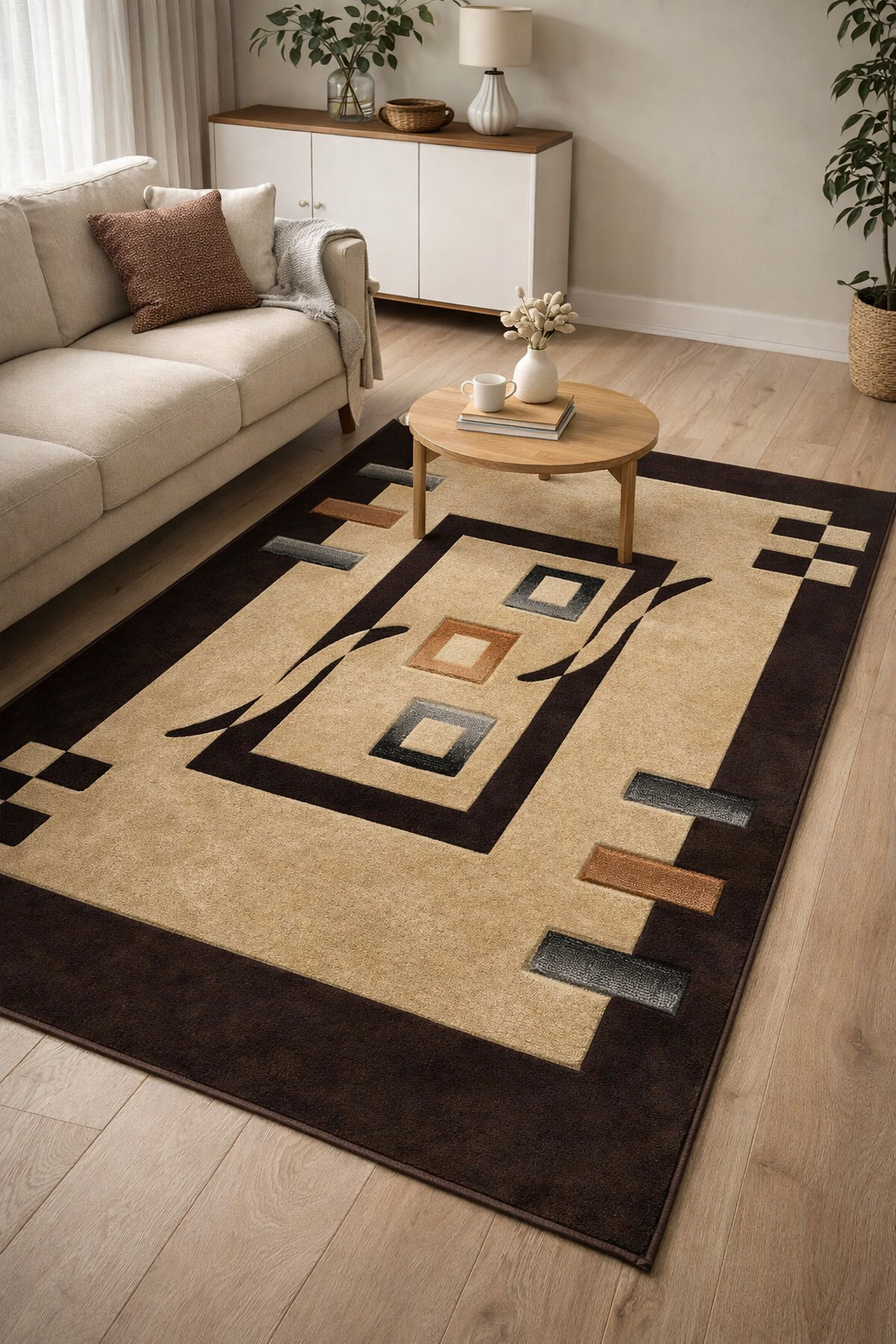 Lucas Modern Beige & Brown Geometric Area Rug 5x7 | Non-Slip Large Living Room Rug | Boho Beige Brown Floor Rug