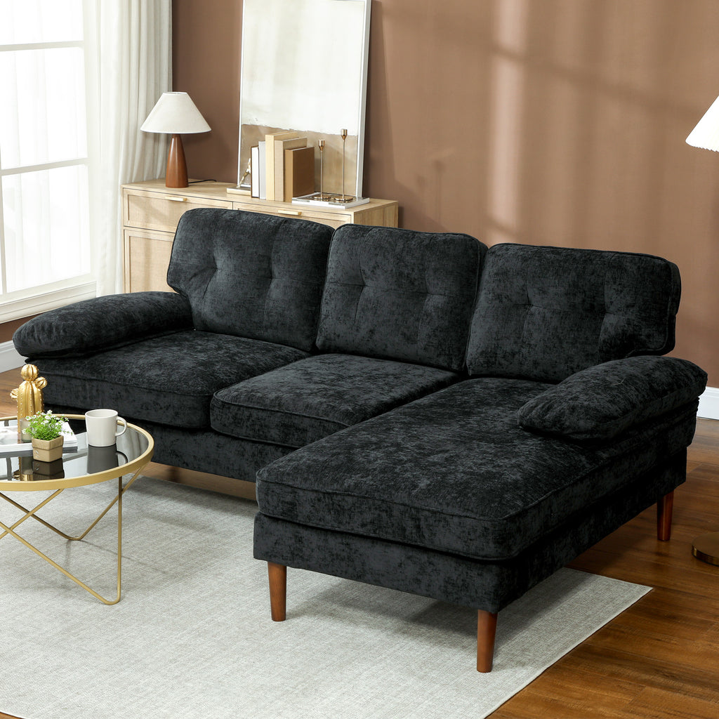 Halston Modern RHF Sectional with Tufted 3-Seater Cushions and Wooden Legs-Black