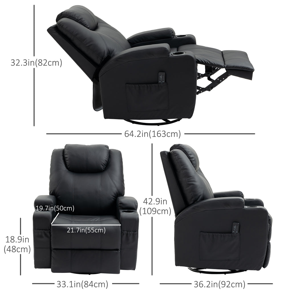 Brady Massage Recliner Chair, Swivel Nursery Rocker Chair, Manual Reclining Sofa with 8 Vibration Points, PU Leather, Cup Holders, Side Pockets, for Living Room, Black