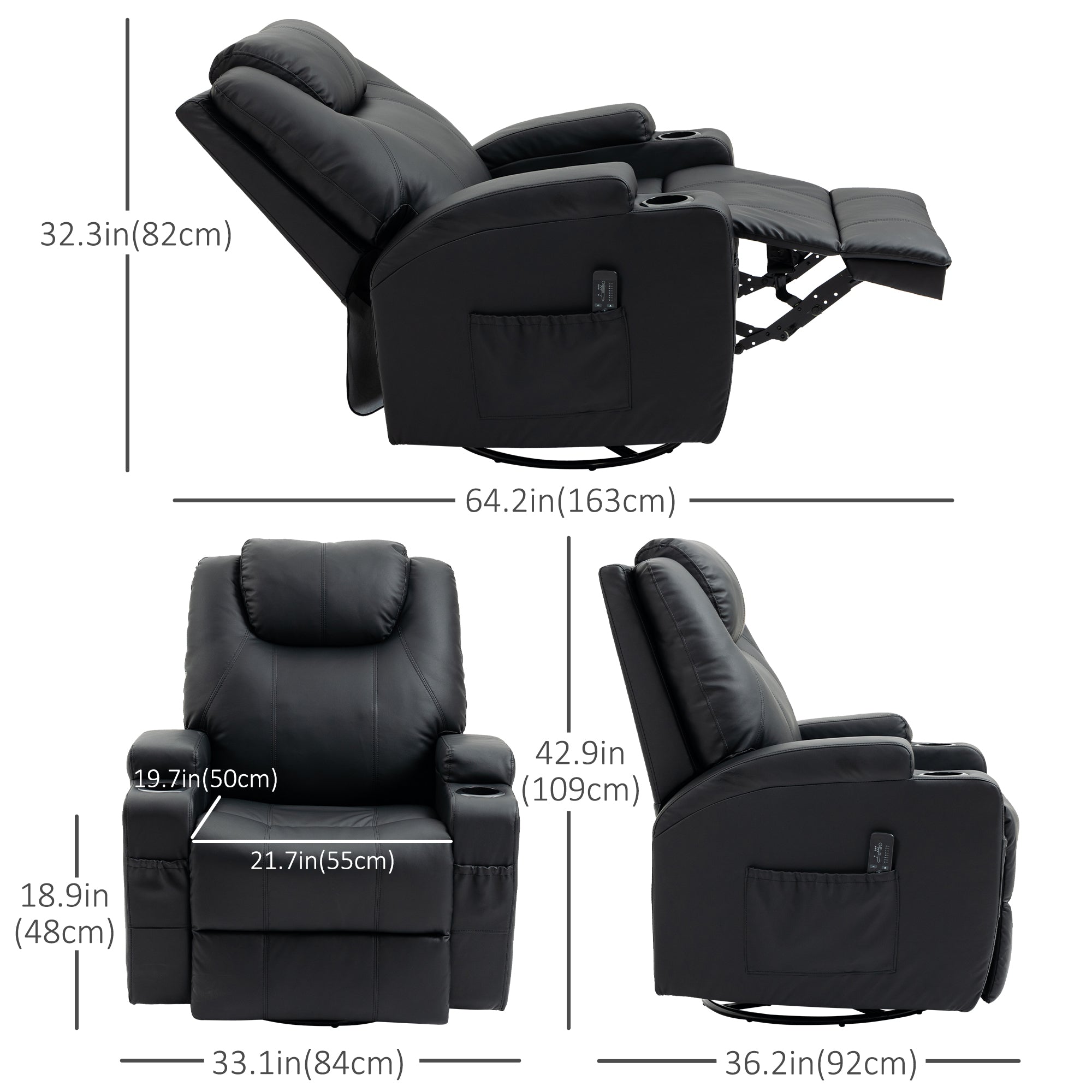 Brady Massage Recliner Chair, Swivel Nursery Rocker Chair, Manual Reclining Sofa with 8 Vibration Points, PU Leather, Cup Holders, Side Pockets, for Living Room, Black