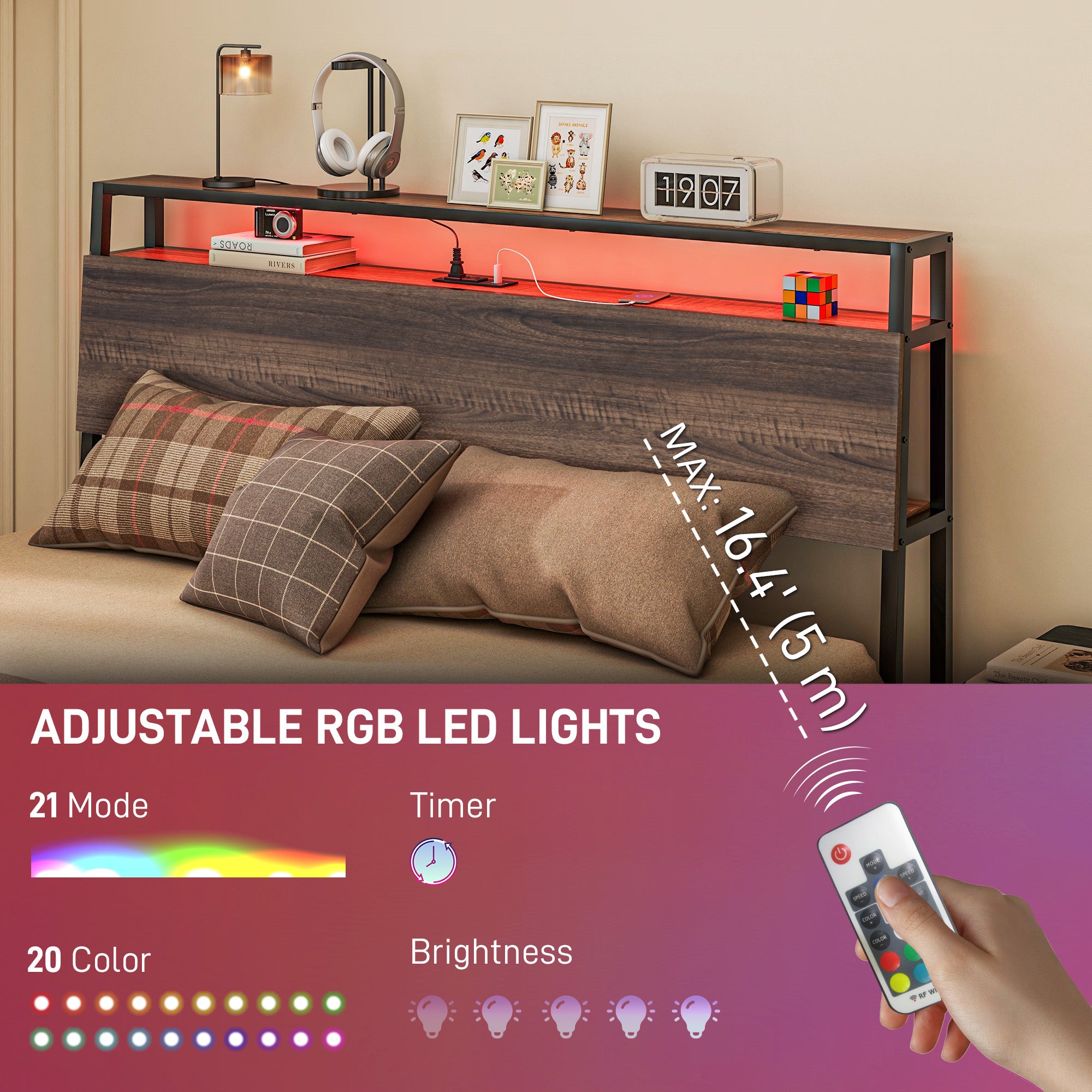 Logan Queen Size Bed Frame with LED Lights and Charging Station, Queen Bed Frame with Storage Headboard, Noise-Free, Walnut