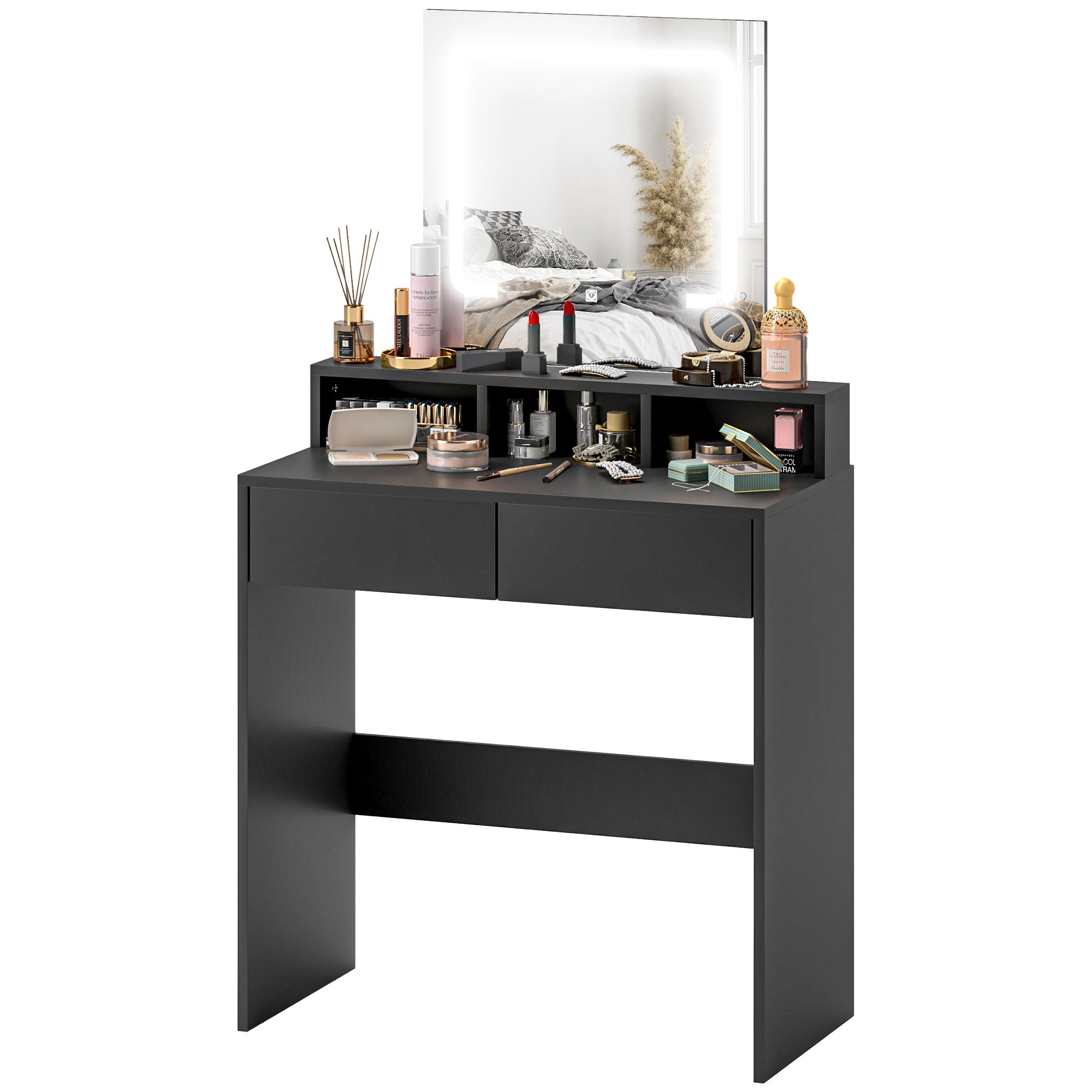 Zee Makeup Vanity Table with LED Lights, for Bedroom, Modern Dressing Table with Drawers, Compartments, Black