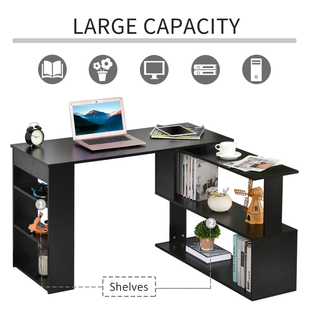 Emerson L Shaped Desk, 360° Rotating Corner Desk, Computer Writing Table Workstation with Storage Shelf for Home Office, Black