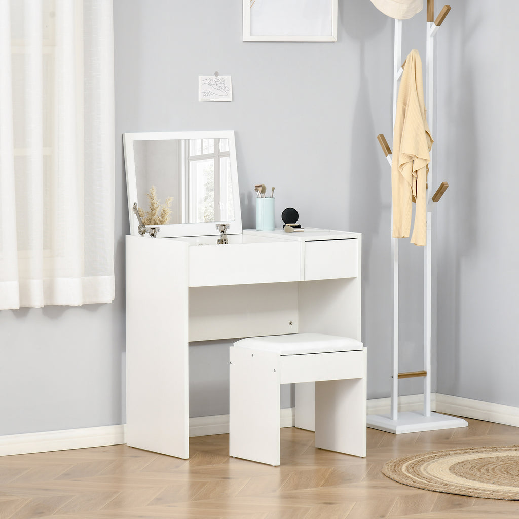 Mia Modern Vanity Set with Flip Top Mirror and Cushioned Stool, Dressing Table with Storage Drawer for Bedroom, White
