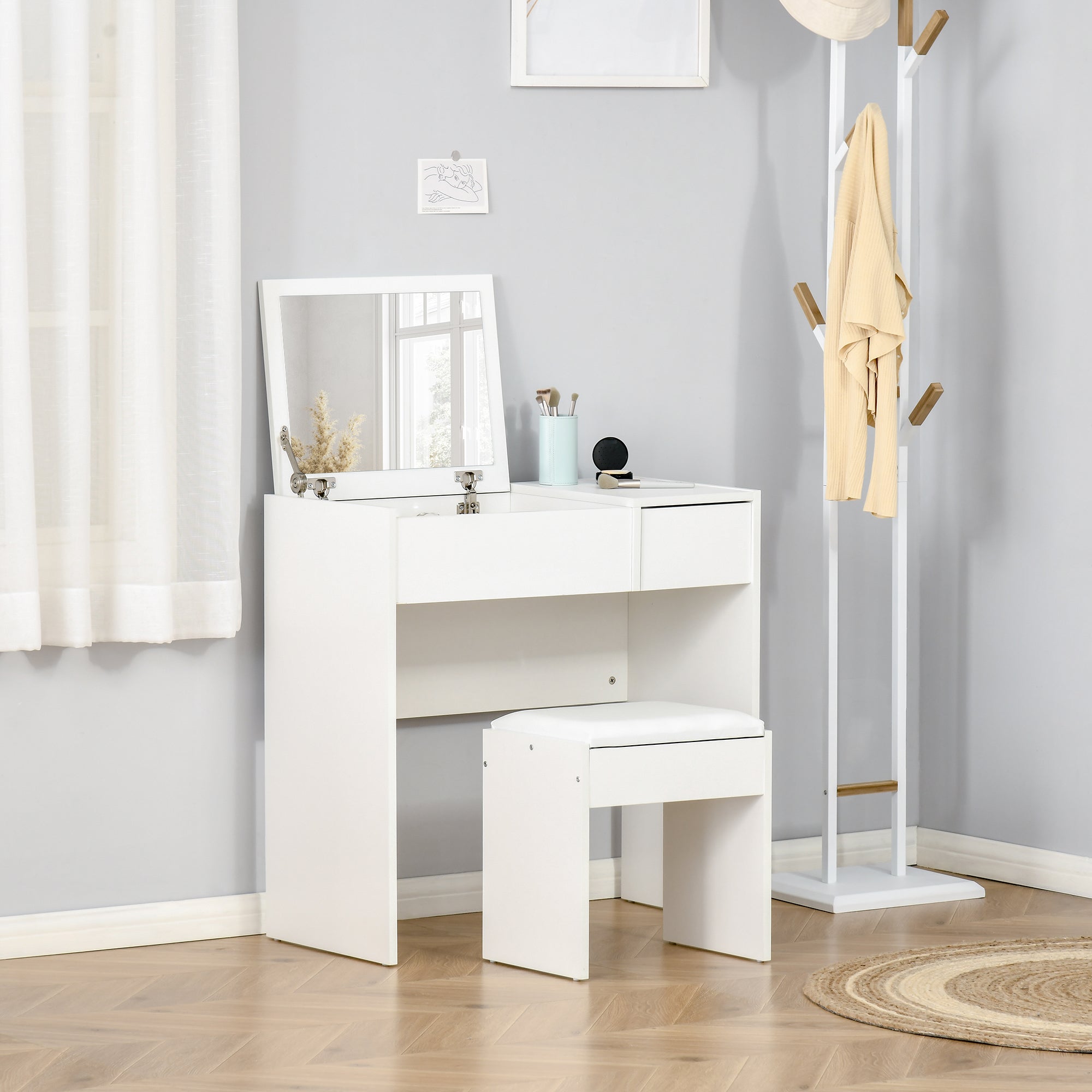 Mia Modern Vanity Set with Flip Top Mirror and Cushioned Stool, Dressing Table with Storage Drawer for Bedroom, White